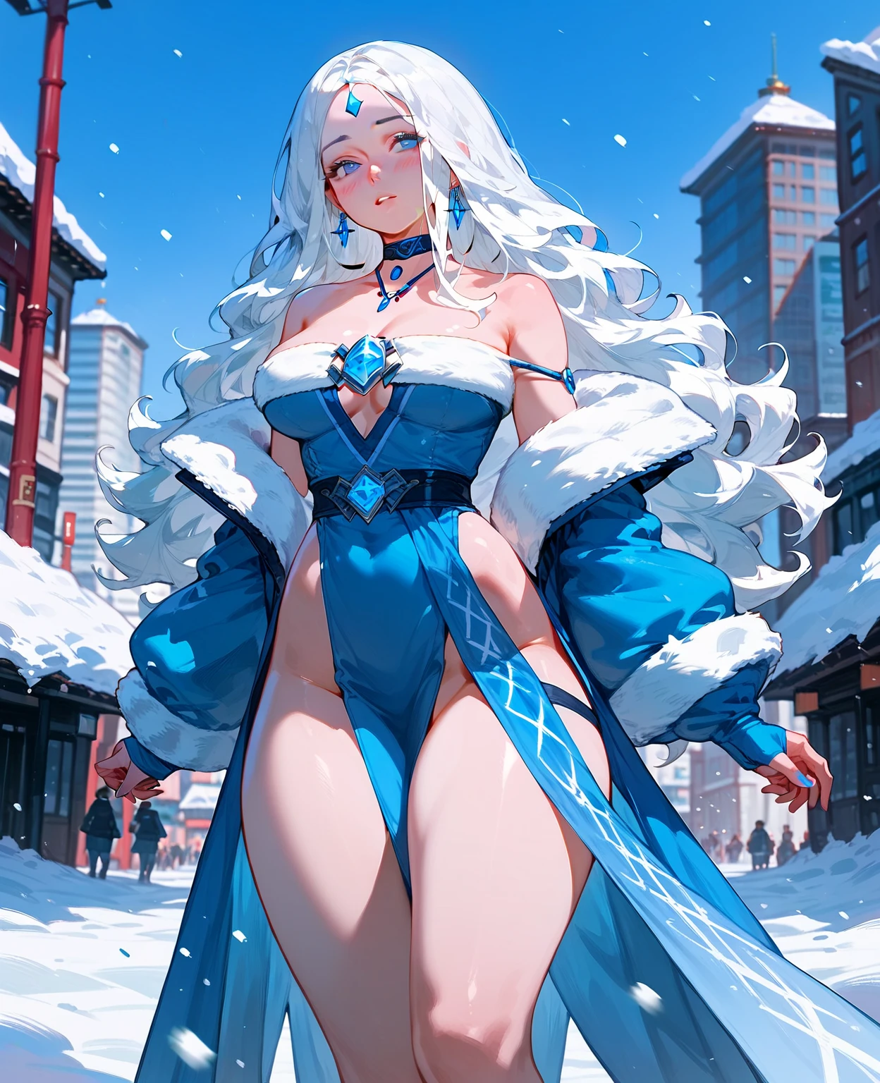 a woman wearing a pale blue yukata with a snowflake symbol, Japanese heels, ice white hair, ice blue eyes, expressionless face, large white fur cape, large breasts, full body, walking on a concrete platform overlooking a frozen lake and mountains in the background, some houses, daytime location with lighting,hdr, ultra resolution, sharp, masterpiece, 8K HD (solo woman)