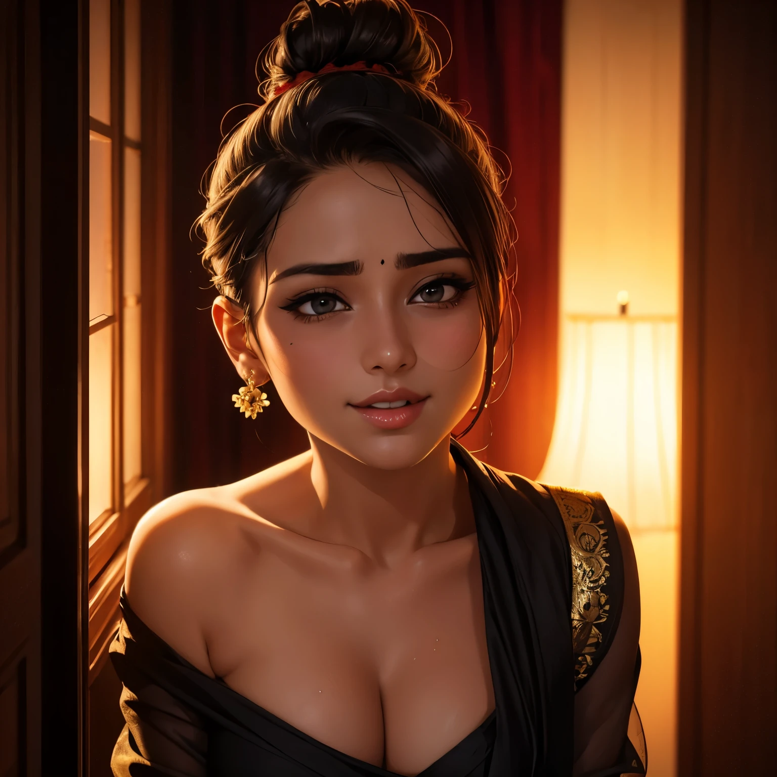 Amazing portraits of a sexy woman who is a MILF and a neighbour with her black hair in a bun and seductive eyes while blushing with a seductive smile and amazing makeup wearing a saree with a lustful look and a sultry pose