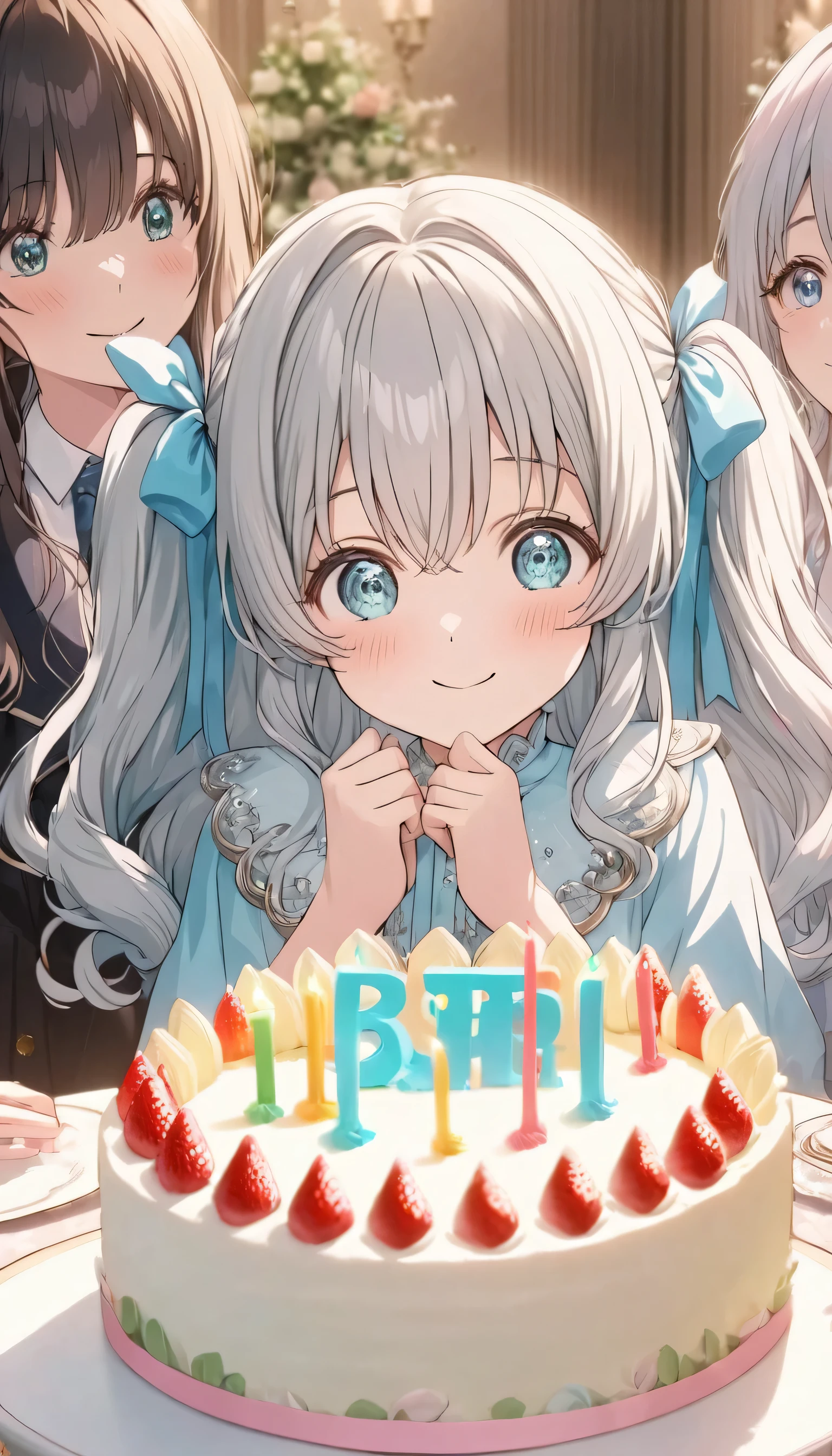 ((ultra-detailed)), (highly detailed CG illustration), (best quality:1.2), ultra-highly detailed, colorful composition, artistic photoshoot, 1girl, solo focus, ((upper body:1.4)), moe anime character, age girl, dainty facial structure, (baby face), (round face), ((rounded chin:1.2)), ((ideal ratio body proportions)), celia-default, celia claire, (blue eyes), sparkle eyes, silver hair color, two side up, ((hair ribbon with blue)), ((blue semi formal dress with gold decorations)), ((surprised)), ((excited)), (happy), (joyful), ample breasts, best quality, masterpiece, ((birthday cake on the table:1.4)), best quality, masterpiece, ((sitting in a luxurious decorative room at the birthday party)), from front, expecting, pink cheek, blush, light pink gloss slip, portrait, depth of field, soft lighting, sidelighting, (shine), lighting, caustics, ray tracing, smile, perfect face, lustrous skin, highly detailed face, highly detailed eyes, perfect face, perfect nose, perfect hair, perfect eyes, perfect anatomy, beautiful hair, beautiful small face, extremely detailed face, beautiful detailed eyes, beautiful clavicle, beautiful body, beautiful huge breasts, leavage, breasts squeezed together, equalize the size of the left and right breasts, beautiful fingers, 4 fingers, 1 thumb, lovely, (very detailed background:1.0), (highly detailed background:1.0), spring aesthetic, intricate details, festive atmosphere, joyful atmosphere, spring colors palette, chromatic aberration