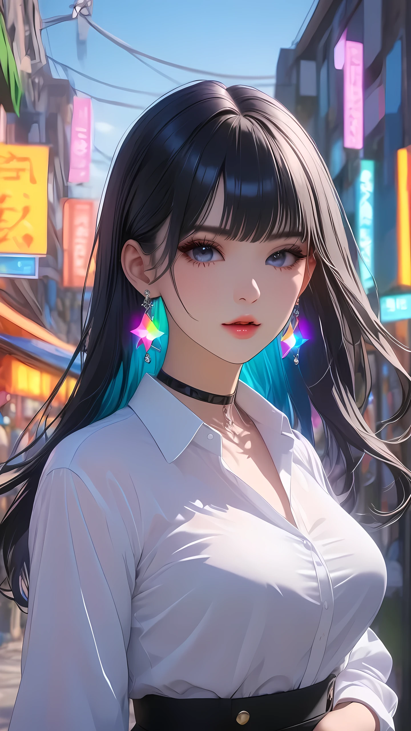 best quality, super_delicate, ultra detailed, beautiful, 8k , 1girl, black hair, business shirt, earrings, choker, outdoor, bright, colorful