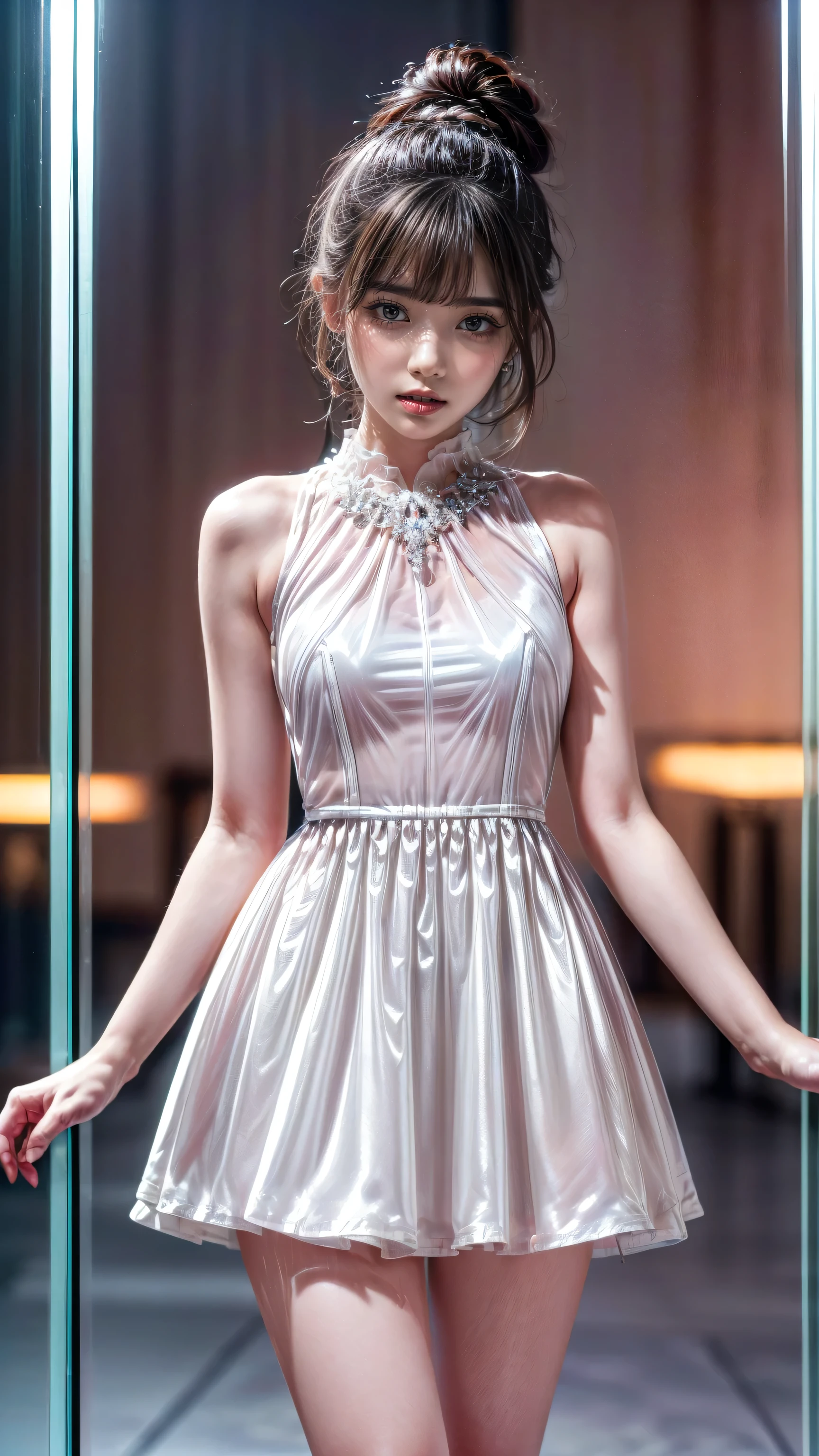 Realistic (photorealistic Realism), (high resolution), ((intricately detailed digital art)), professional photography, ((portrait)) a cute 1 Female, European, (ultra realistic texture details: velvety skin, hair),((forus on sharp no blurry eyes, high resolution, absurd quality, Realistic eyes:1.3),intricately detail:1.3),((extremely fine details eyes))((extra narrow eyebrows))(Carefully draw Long eyelashes:1.25)(perfect round eyes:1.25).((finely detailed pupils:1.3))((extremely fine details pupils:1.3))((extremely fine details iris of the eyes:1.35))(Shining, mesmerizing, Vibrant eyes:1.22).(professional makeup)((perfect dark_eyeshadows:1.3)),detailed lips:1.3,(apply glossy red_lipstick:1.3)(pink_makeup:1.23), (beautiful little nose), (perfect proportions:1.2),(small head),(anatomically correct), ((transparent glass dress:1.3))、 and fantasy magic, (dynamic random fancy, professional hairstyles), perfect female body, Glamour, paparazzi taking pictures of her, posing standing, ( in a luxurious, lavish castle, standing on a black and white marble spiral staircase:1.2), ((glowing glass dress:1.3))、((she attracting lightnings, light effect, feminine, electricity aura)), ((cowboy shot))