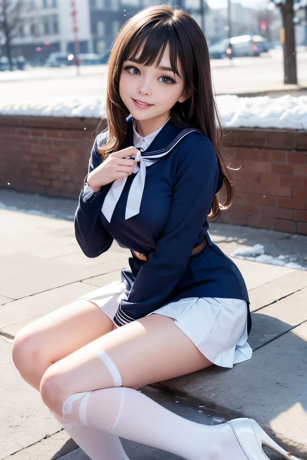 Best quality, full body focus, full body shot, perfect face, soft light, ultra high res, 8k, Masterpiece, , , view the viewer, full body , Front view, (1girl), , Cute face, (blue eys:1.5), (Dark brown Medium hair), beautiful medium breasts, , Beautiful boob, Beautiful finger, Beautiful hands, Beautiful arms, Beautiful feet, Beautiful legs, (high resolution detail of human skin texture) , ((white long sleeves sailor uniform, white pleated skirt, knee-high socks, white with lace trim, white pin high heels)), , snow cover Park,, , (( sitting, , smiling, nose blush) , )) , ,score_9, solo, no bra, no panties, ,