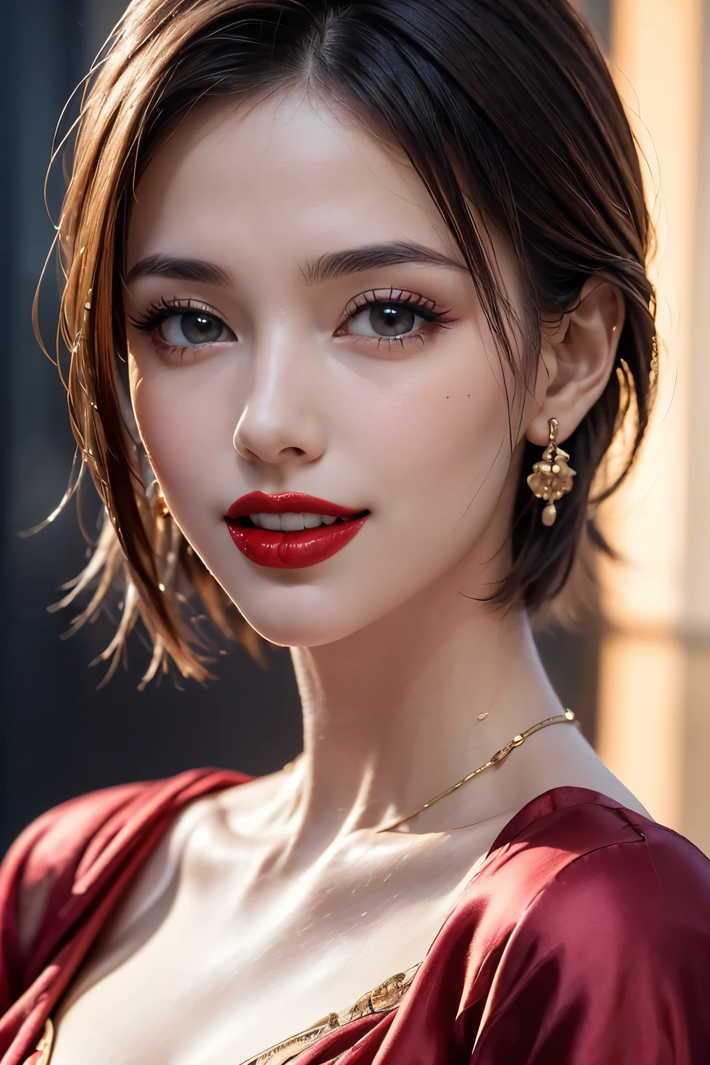 (1.    beauty ,    Supermodel   ), (      Perfect Anatomy ), (( upper body shot)), Golden Ratio, (top quality:1.4), 32k resolution, (    realistic      :1.5), High resolution UHD, (masterpiece :1.2)), (Improved quality:1.4), (  Very beautiful face details  ), (Grin), (top quality), ((red silk dress decorated with finely detailed pattern :1.37)),    earrings,     necklace, (Big Breasts:1.3), (thigh), Accurate Fingers,   very detailed,   beautiful eyes,     double eyelids ,     eyelash    , Shaping your eyebrows, ((very detailed)),     red cheeks    , Ultra-     realistic      eyes, Perfect Lips,       perfect eyes,     natural cosmetics   , [ pink lipstick ], (( Commitment to quality       :1.2)), (    beautiful lips:1.33), (Great nose:1.2), (Big Breasts),       brunette pixie cut, ((    realistic    )), ((   Sharp Focus )), (     Highest Resolution ), ((    high image quality)), ((masterpiece)),     Professional Cinema Lighting  