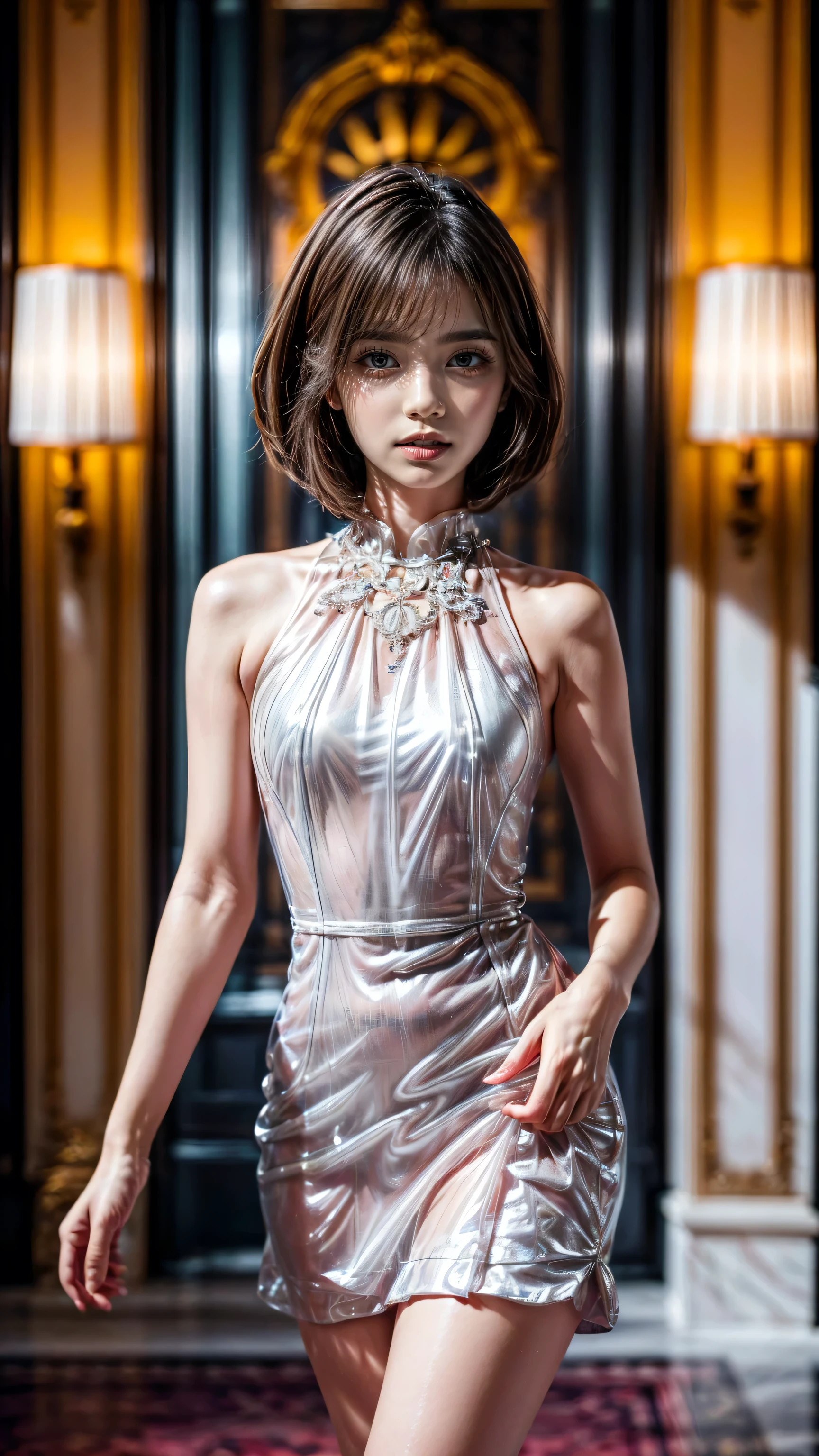 Realistic (photorealistic Realism), (high resolution), ((intricately detailed digital art)), professional photography, ((portrait)) a cute 1 Female, European, (ultra realistic texture details: velvety skin, hair),((forus on sharp no blurry eyes, high resolution, absurd quality, Realistic eyes:1.3),intricately detail:1.3),((extremely fine details eyes))((extra narrow eyebrows))(Carefully draw Long eyelashes:1.25)(perfect round eyes:1.25).((finely detailed pupils:1.3))((extremely fine details pupils:1.3))((extremely fine details iris of the eyes:1.35))(Shining, mesmerizing, Vibrant eyes:1.22).(professional makeup)((perfect dark_eyeshadows:1.3)),detailed lips:1.3,(apply glossy red_lipstick:1.3)(pink_makeup:1.23), (beautiful little nose), (perfect proportions:1.2),(small head),(anatomically correct), ((transparent glass dress:1.3))、 and fantasy magic, (dynamic random fancy, professional hairstyles), perfect female body, Glamour, paparazzi taking pictures of her, posing standing, ( in a luxurious, lavish castle, standing on a black and white marble spiral staircase:1.2), ((glowing glass dress:1.3))、((she attracting lightnings, light effect, feminine, electricity aura)), ((cowboy shot))