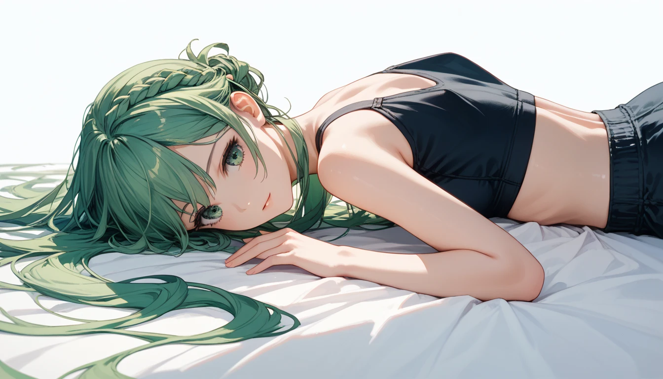 (masterpiece, best quality, ultra-detailed), (beautiful detailed face, beautiful detailed eyes, volumetric lighting),
1girl, ahoge, ass, closed eyes, full body, long hair, lying, long sleeves, simple background, sleeping, socks, solo, green hair, white background, pillow, white legwear, underwear, panties, on stomach, c.c., sleepy