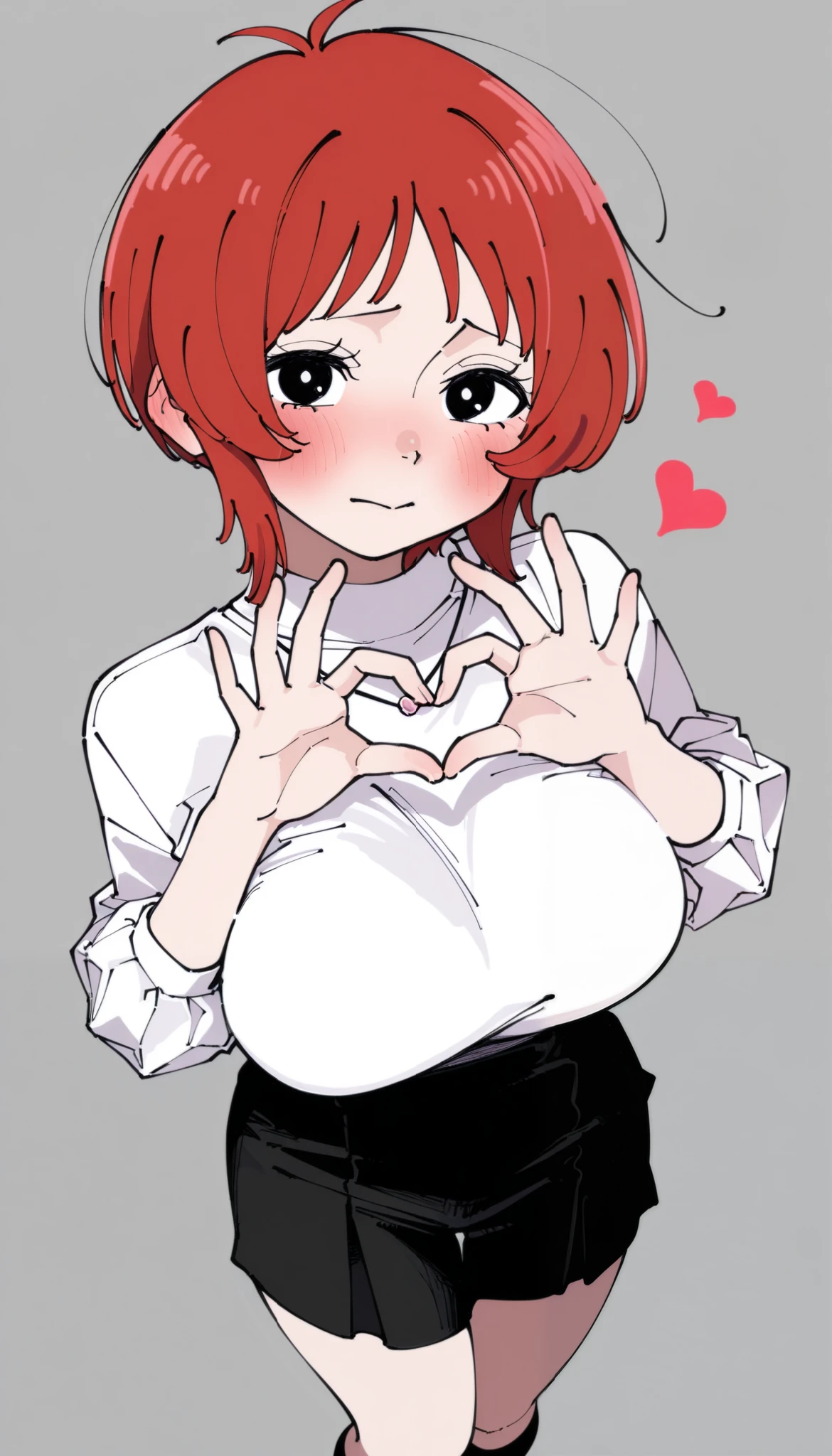score_9, score_8_up, score_7_up, score_6_up, score_5_up, score_4_up, (masterpiece: 1.0), best quality, 1girl , Alone, Viewer, simple background , short hair, demon, 小demon, shy, demon服装, demon犄角, Heart gesture , charming, blush, From above, big breasts, style: midjourney, cute