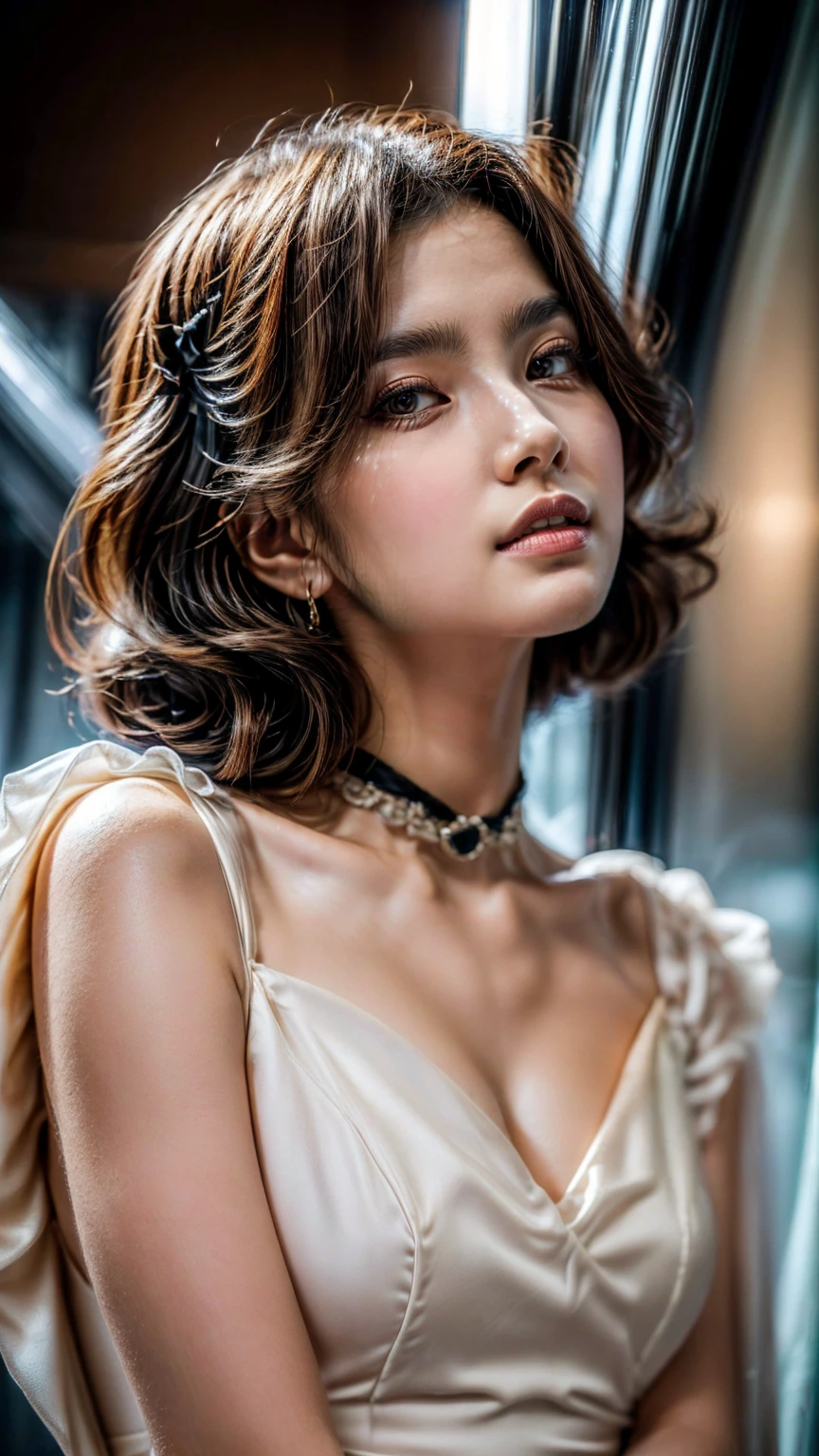 ((Highest quality, 8K, masterpiece :1.3)), Sharp focus :1.2, Beautiful woman with perfect figure :1.4, Slim Abs :1.2, ((Big Breasts, Emphasize cleavage:1.3)), (Photorealistic:1.4), (realistic:1.4), (Dark brown hair, Bobcut:1.5), Highly detailed face and skin texture, Fine grain, double eyelid. Makeup face. A little bit of lipstick, necklace, Earrings, sex appeal, Sexy gravure pose, ((Woman in elegant dress、The background is a luxurious ballroom、A captivating smile、Curly Hair、A pose where the dress is pulled down to the shoulders to expose the breasts:1.3)
