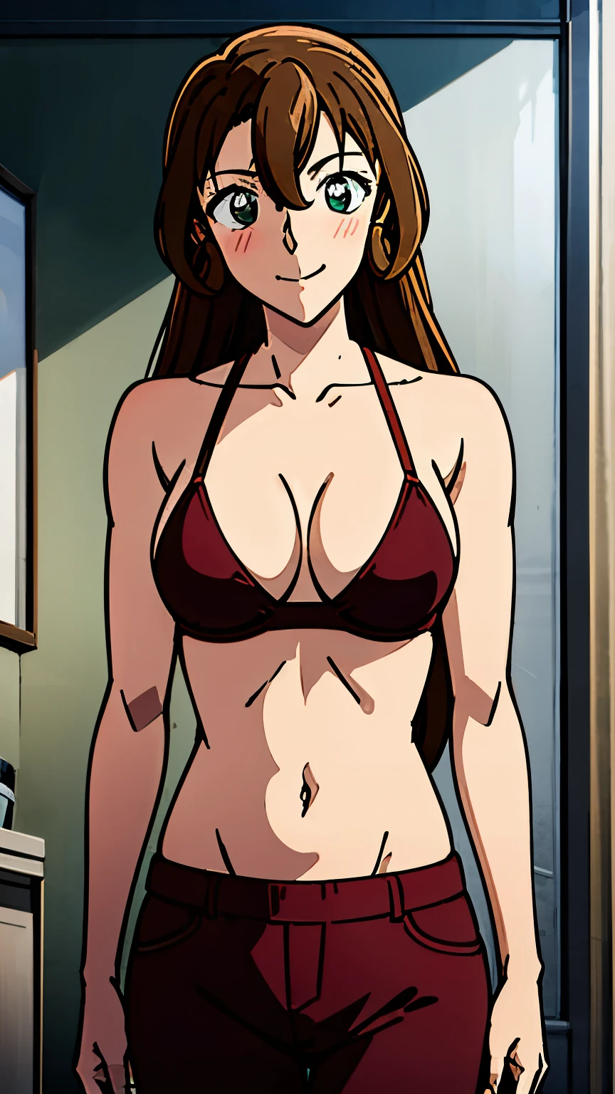 A sexy girl with a muscular body, wearing white lace thong, standing tall and dominant , self confident, ,aggressive, strong, serious, fighting, bulging muscles, big breasts