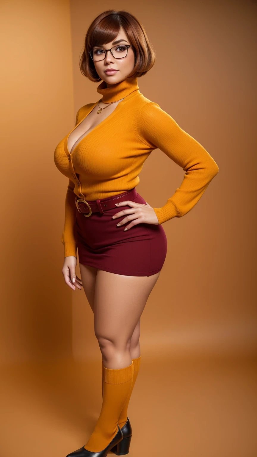 ((masterpiece, best quality, ultra-detailed, ultra-HD, photorealistic, cinematic)), (wide camera shot, full body view:1.5), (sensual pose, standing), (alluring and voluptuous female as Velma Dinkley:1.2), tight and thin yellow pants, perfect anatomy, perfect face, proportioned hands, (deep shade of auburn with a slight natural wave hair color, chin-length bob with blunt bangs hairstyle:1.3), (retro-chic style outfit, knee-length and maroon turtleneck dress:1.2), (a matching maroon belt that cinches at her waist:1.2), (thick-framed black square glasses), (wears knee-high, mustard-yellow socks that peek out just above her brown, sensible lace-up shoes), (sports a delicate, gold pendant necklace), (vibrant orange cardigan slung over her shoulders), ((dynamic background))