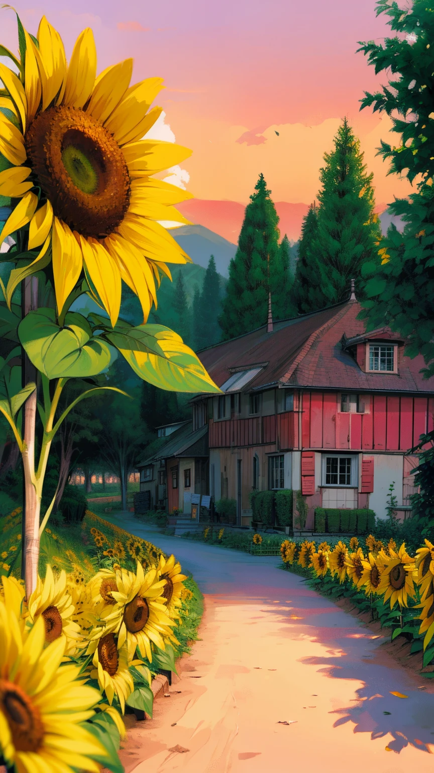 Create a vibrant scene of a fresh sunflower farm during sunset. The golden sunflowers stretch endlessly, their petals glowing in the warm, soft light of the setting sun. In the background, a few charming small village houses with red-tiled roofs are nestled among green fields and trees. The sky is painted with hues of orange, pink, and purple, casting a serene and peaceful atmosphere over the landscape. A gentle dirt path winds through the farm, leading toward the distant village. The scene exudes tranquility and rustic beauty."