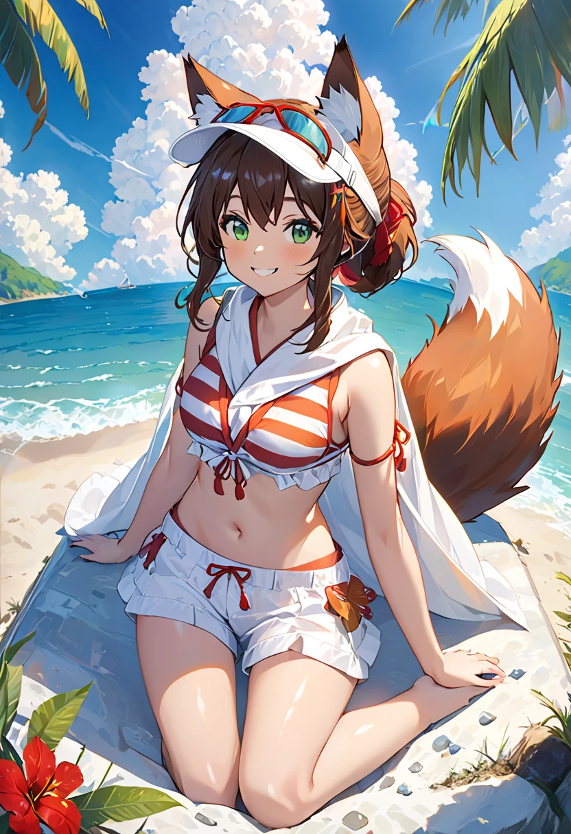 Hairy fox beast mother , Round face , (Tilt your face:1.1) , (Wink:1.2) , Moist, round eyes , Swollen cheeks , Estrus , Dark Hair , motherly smile , Glossy Lips , nude , (Body Paint Swimwear:1.2) , Sunny seaside , With the surprised beastmen