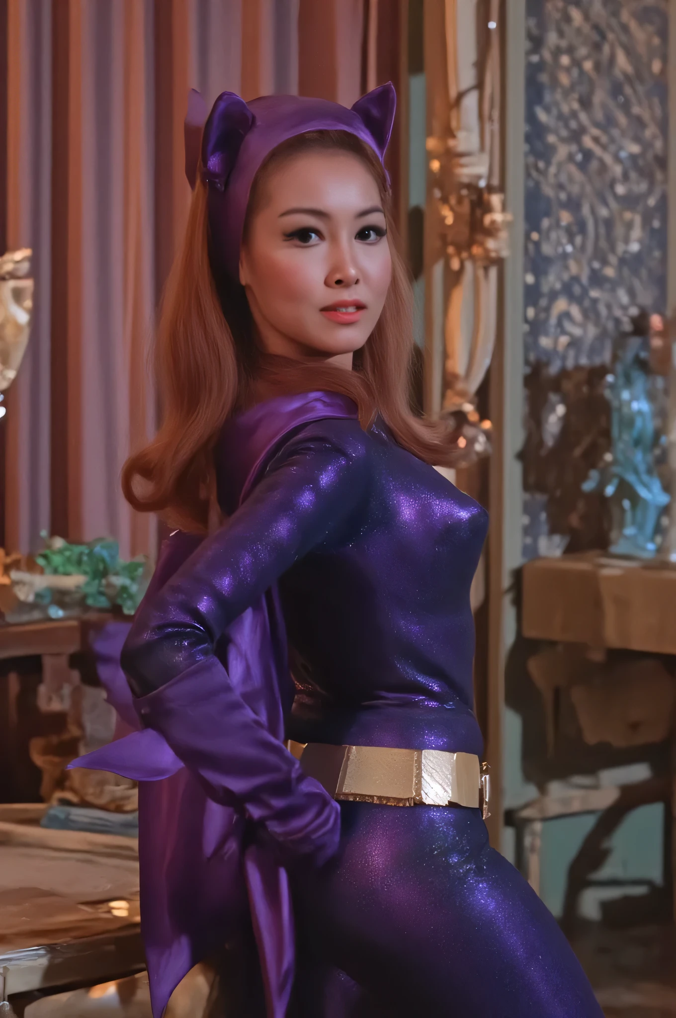 sexy Hungarian model, Masterpiece, Award Winning, High Quality, artgerm, solo, bubble butt, wearing retro Batgirl purple costume , , big breast, retro red hair, looking at viewer, makeup, no cape, b4tg1rl woman, posing sexy, back angle, showing her ass, focus on her ass, She has a round ass, Round ass, big breast
, Backwards
