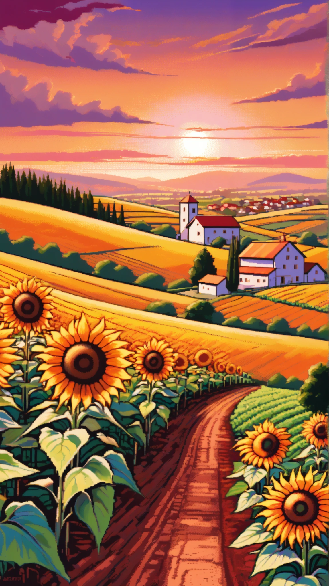 Create a vibrant scene of a fresh sunflower farm during sunset. The golden sunflowers stretch endlessly, their petals glowing in the warm, soft light of the setting sun. In the background, a few charming small village houses with red-tiled roofs are nestled among green fields and trees. The sky is painted with hues of orange, pink, and purple, casting a serene and peaceful atmosphere over the landscape. A gentle dirt path winds through the farm, leading toward the distant village. The scene exudes tranquility and rustic beauty."