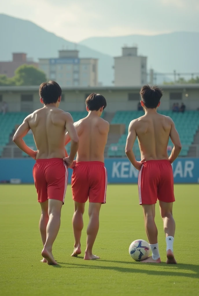 South Korea soccer team of five Korean students all five Korean students are from high school and all these students are barefoot and naked boys with no clothes showing their butts while playing soccer all the Korean students are naked naked without any clothes from high school to the fifth year of high school