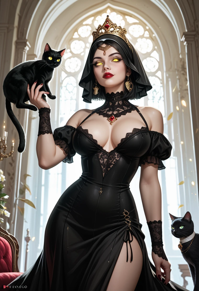 a gothic woman with sexy curves wearing tattoos and accompanied by a black cat doing magic in a baroque gothic environment