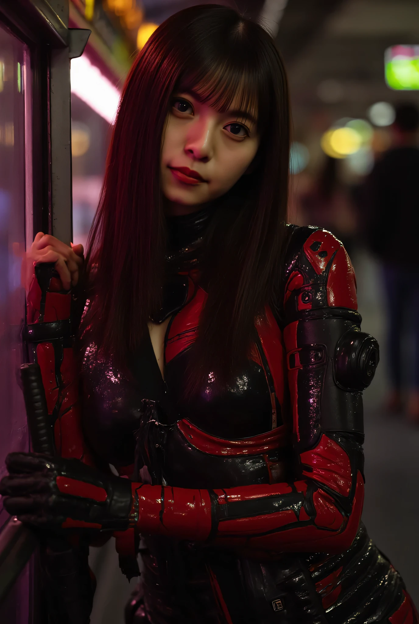 (((The dark interior of the Nostromo ship :2.0))),((( HR Gigger Style Cyberpunk Atmosphere :2.0))),((( Hold a cyberpunk-style Japanese sword :2.0))), standing,((whole body:2.0)), one woman,( cute face),(Beautiful well-balanced face ),(( natural big breasted :2.0)),( black hair:1.5),( beautiful eyes:1.3), Glamorous Shot of a 20-year-old Japanese Woman , Slender Beautiful Body ,(( model body type wearing black:2.0)),((Slim body:1.7)), perfect body line , Ideal Proportions ,(( big breasts:1.5)),(Bare thighs:1.3), sensual thighs, delicate body,( Shrimp:1.7),A harmonious posture,((Realistic breast depiction :1.7)), carefully depicts perfect anatomical limbs,((Futuristic Samurai Style Red Super High Leg Leotard :2.0)),(( super high leg leotard made of camy-like latex that fits the body:2.0)),(( Samurai Armor Style Red Military Coat with Open Front Over Leotard :2.0)),(ear monitor:1.5),((Tactical Holster:1.5)),( gloves:1.3), concept art,( top quality:1.5),( Masterpiece:1.5),(Super high resolution),resolution,UHD,( delicate depiction), carefully drawn with butterfly wings ,32K,(( realistic skin texture:1.5)),((( super realistic :1.5))),Draw eyelashes carefully, highly detailed faces at a pachinko parlor,Highly detailed female hand,Sexy appearance,Very sensual,(Blurry Dim Backgrounds :1.5), Professional Photoshoot,( Movie Lighting:2.0),(( Blade Runner Style Lights :2.0))