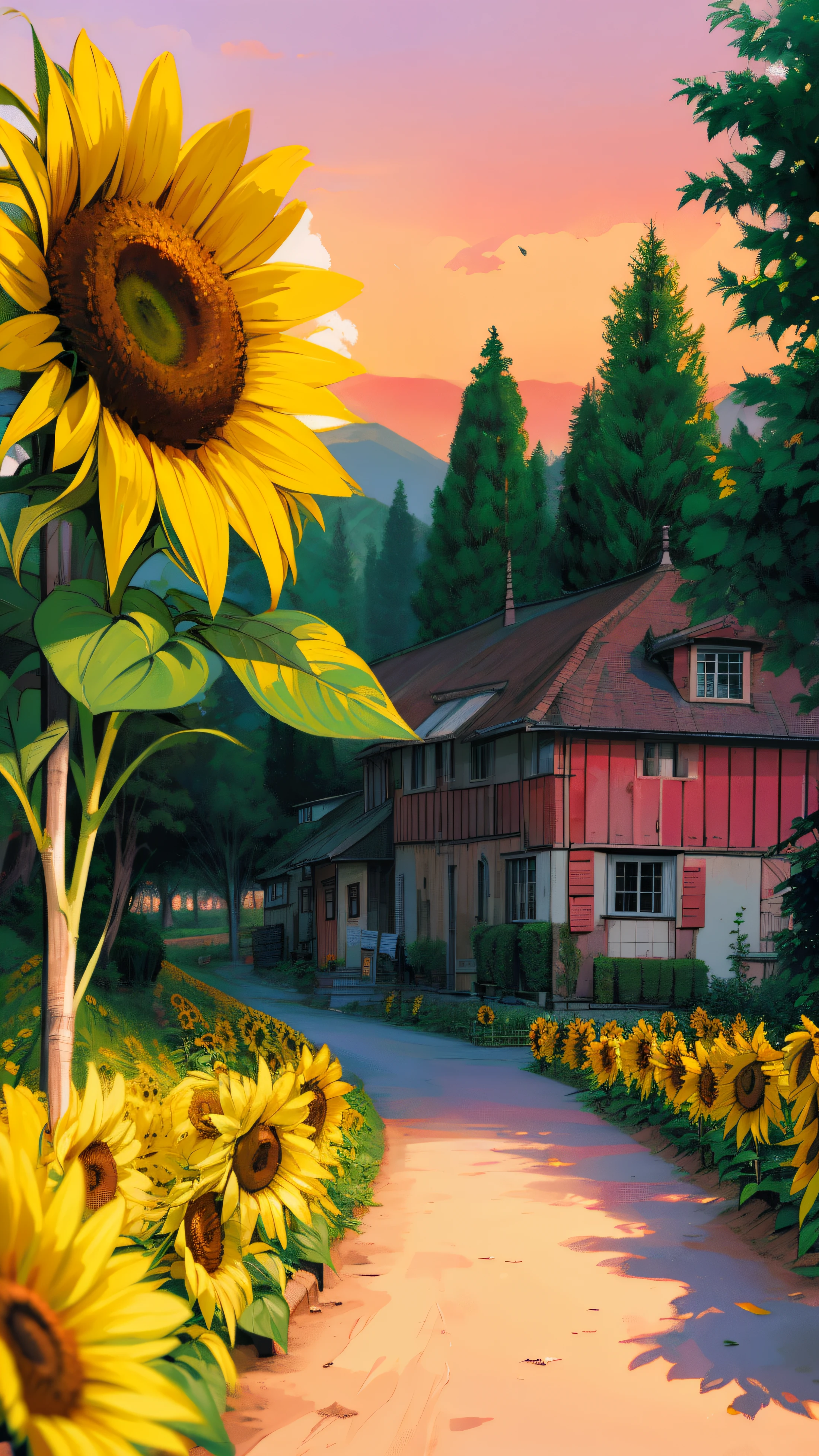 Create a vibrant scene of a fresh sunflower farm during sunset. The golden sunflowers stretch endlessly, their petals glowing in the warm, soft light of the setting sun. In the background, a few charming small village houses with red-tiled roofs are nestled among green fields and trees. The sky is painted with hues of orange, pink, and purple, casting a serene and peaceful atmosphere over the landscape. A gentle dirt path winds through the farm, leading toward the distant village. The scene exudes tranquility and rustic beauty."