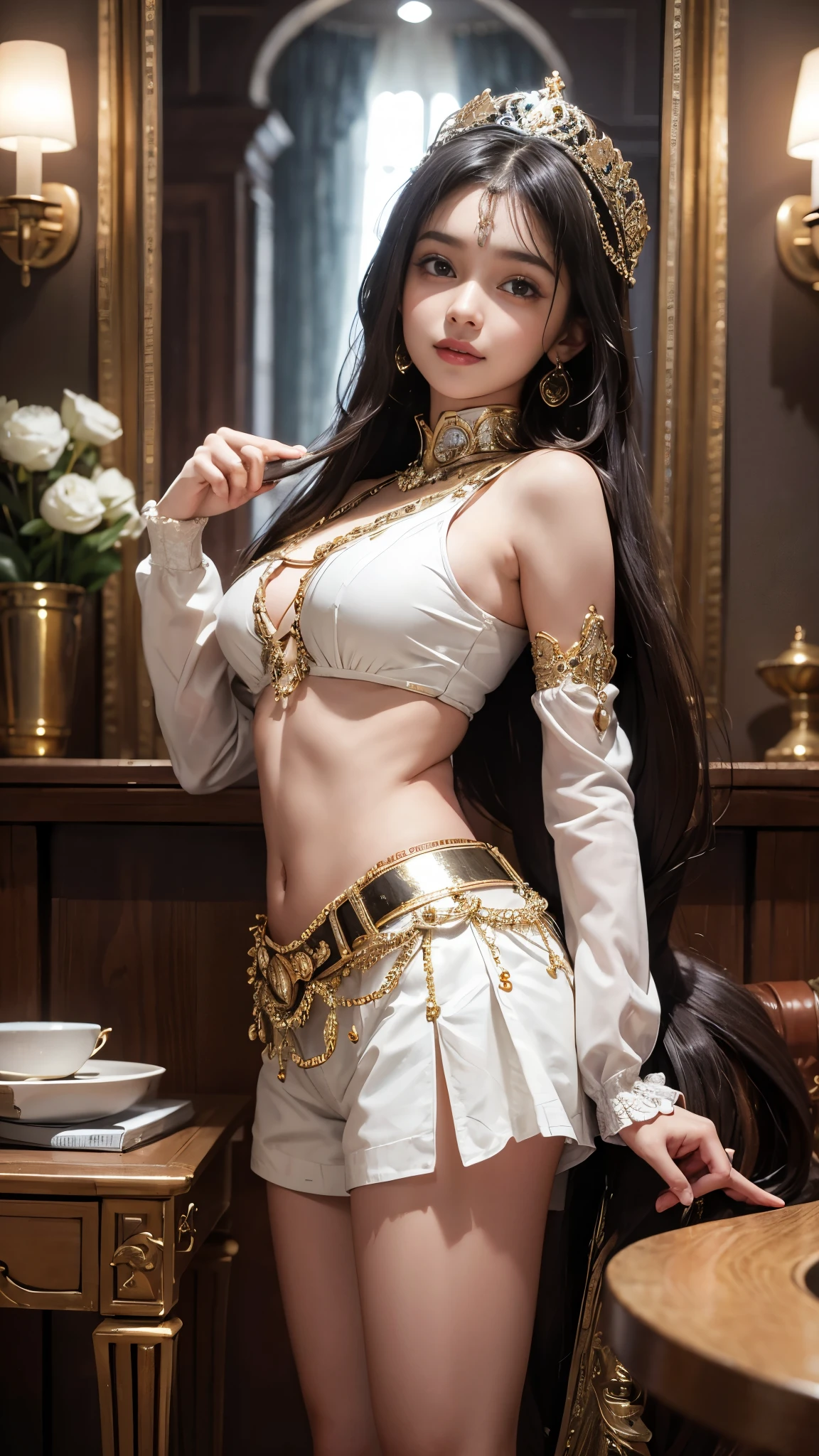 A sexy mature arab woman,Arabic dancers,Gorgeous dance costumes,platinum gold clothing,in ancient egyptian palace,ancient egyptian decorated palace,(An extremely delicate and beautiful work:1.2)a very beautiful and sexy woman, Sexy and seductive, Have perfect body proportions,Tight and sexy body(Bigboobs)Perfect body curves,Moisturizes skin,clear skin texture,moist skin feeling(Advanced skin details:1.1)attractive smile,Flawless Face,black long straight hair,clear hair texture,Delicate hair(Quality hair details:1.1)Arabic dancer costume,Beautiful and delicate eyebrows and eyelashes,pretty eye makeup,Clear eye details,8K primary school students(Advanced eye detail:1.1)Sensual lips(Perfect lip shape)(seduct smile) The optimal ratio of four fingers and one thumb,Wearing gold earrings,golden necklace,Golden bangles,Gold anklet,Gold-tone waist chain,Gold foil series,Arabic dancers,Master of photography,Perfect masterpiece,Best Picture Quality,ultra - detailed, 超高分辨率, realistically, RAW photos