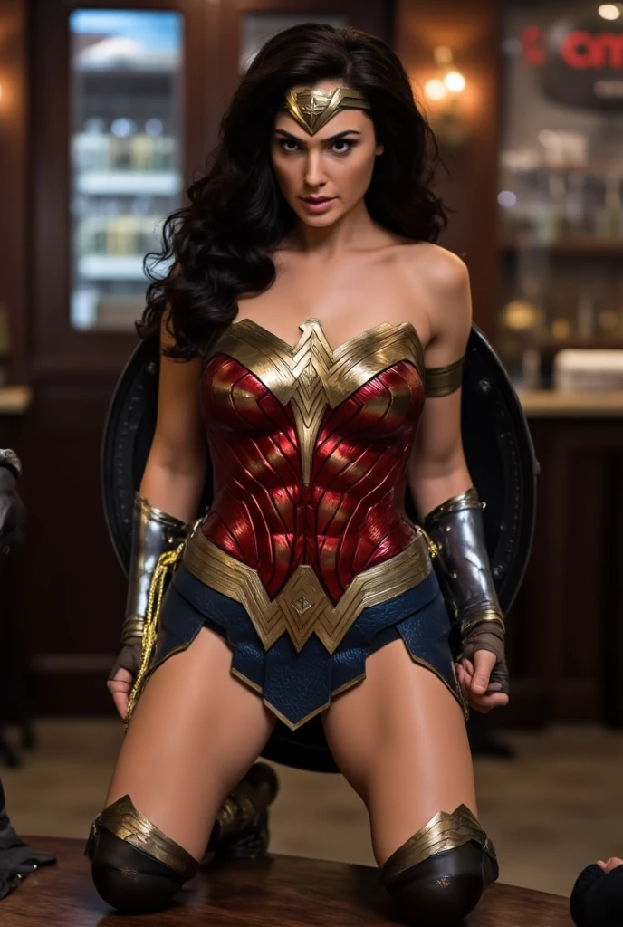 (wonder woman),"sitting in a library in ancient Egypt","at night",spreaded legs, tight and transparent white panties,sensual pose,beautiful and confident expression,reading a scroll,old manuscripts,carved hieroglyphs on the walls,soft candlelight,flickering bookshelves,dusty atmosphere,secret knowledge and ancient wisdom,unique and mysterious aura,(best quality,4k,highres),ultra-detailed,(realistic:1.37),vivid colors,portrait,classic art style,warm golden hue,magical light beams,quiet and peaceful ambiance