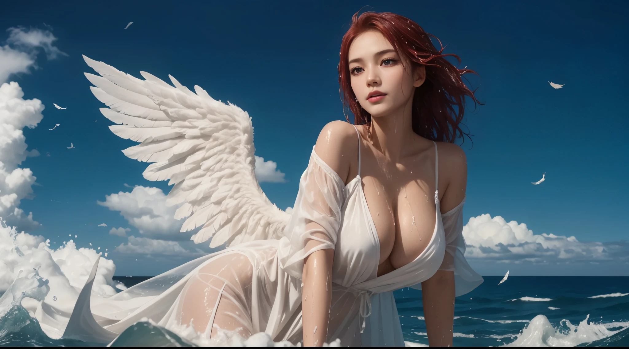 (best_quality, masterpiece:1.2), (highly detailed), (uhd, high_resolution, highres), girl, angel, (wings, feather details:1.2), see-through robe, billowing dress, (wet:1.2), crimson red hair, messy wet hair, (looking at viewer:1.4), gigantic breasts, off-shoulder, churning sea water, (sea foam:1.2), powerful scene, illustration, faithful, grace, light and dark, spiritual, divine, ethereal, windswept,