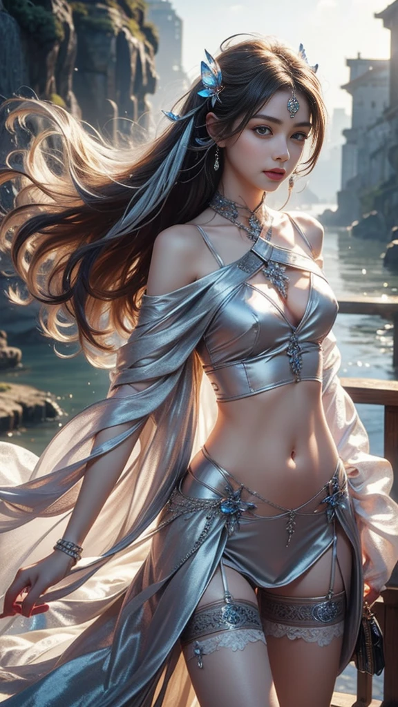 (RAW photo, Best quality), (Realistic, photo-realistic:1.3), offcial art，Extremely detailed，Best quality, Highly detailed, Masterpiece, Ultra-detailed, illustration, 1girll, Gentle smile，The upper part of the body_Body, Dynamic Angle, world mastery theater, Messy_Long_Hair,Best quality, extremely detailed CG unity 8k壁纸，ink，astounding，电影灯光，The picture is bright，lens_flare，dunhuang_Style
