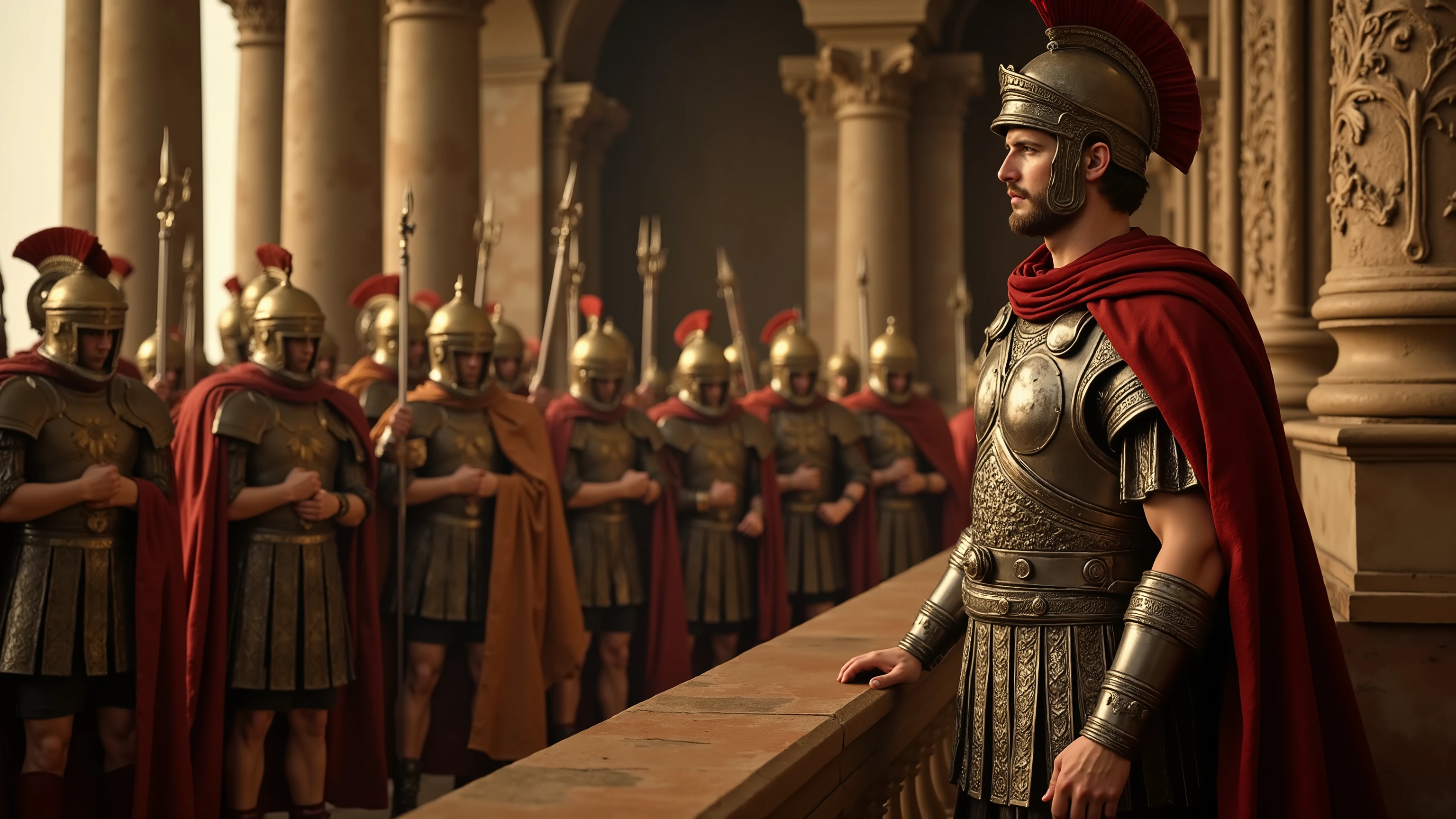une image 3D haute définition réaliste de l'empereur romain Jules César debout sur le balcon de son palais, s'adressant aux soldats romains armés de lance et d'épée, traits du visage détaillés, architecture de palais ornée, éclairage dramatique, composition cinématographique, costume historique complexe, armement très détaillé, rendu photoréaliste, résolution 8k