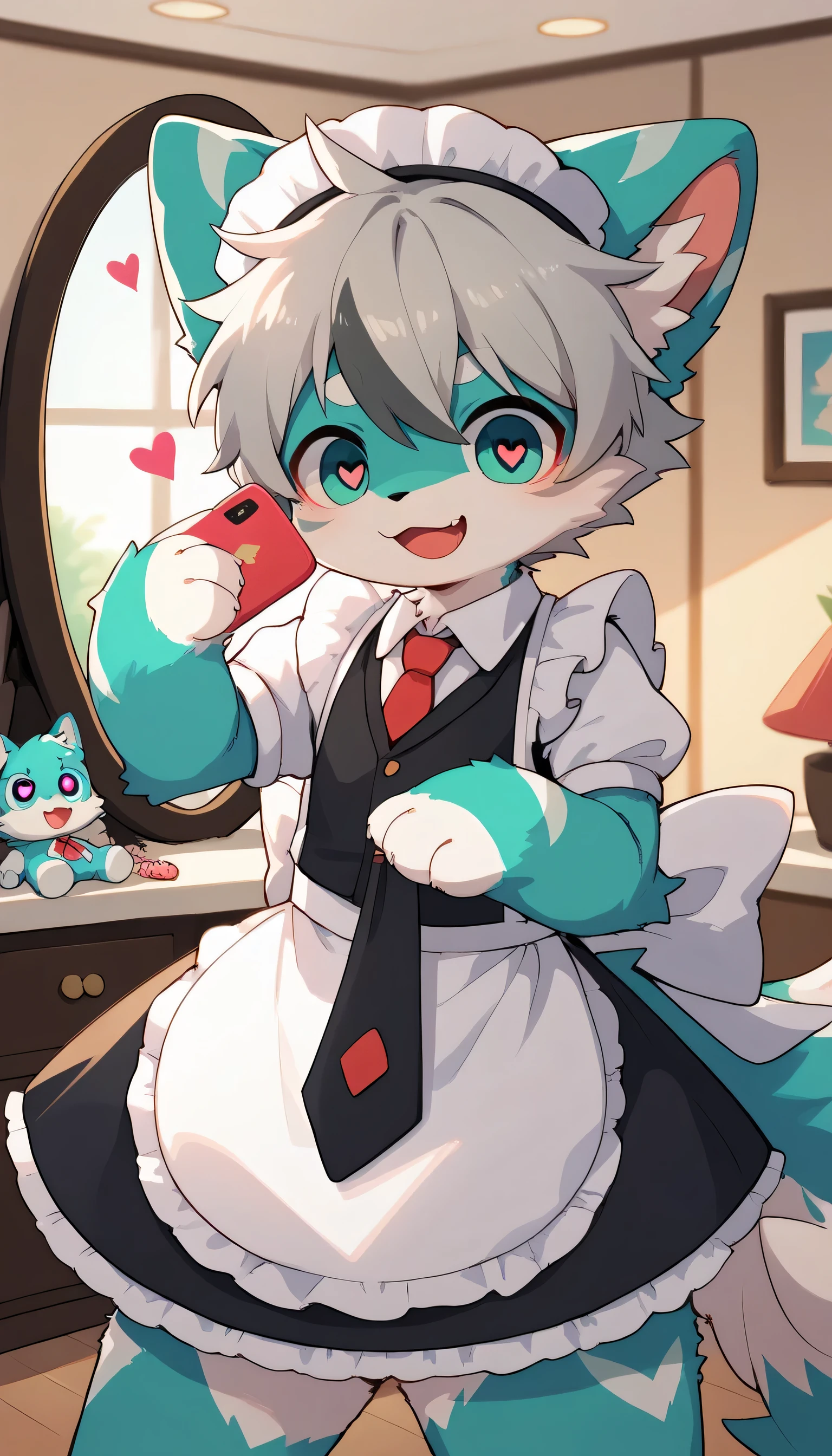  very detailedな, very detailed, blue fur gray hair,,male,骨を見てExcited, heart eyes,participate, tie a collar and string ,, green white and colored hat, cute face, fluffy fur like one,Excited,Horny boy,Beautiful room,mirror,Smartphone, 's room ,Smiling face,Dropped ears, let's play with toys!  my mental age is  ,Want, maid clothes,
