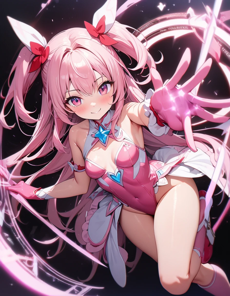 ((masterpiece)), ((best quality)), (ultra-detailed), ((kawaii)), cute, (lovely), ((sexy)), (ero), ((extremely detailed)), 4K, (8K), best quality, (beautiful), 1girl, , shiny skin, pink hair, long hair, two side up, pink eyes, magical girl, , small breasts, Smile, Miracle of God, Beloved Daughter of God, Light of God, Blessing of God, Holy Virgin, (Perfect anatomy:1.3), beautifu hands, beautiful fingers, ((pink high leg leotard:1.3)), white frilly skirt, pink gloves with white frills, pink high socks, Hair tied with a red ribbon, Magic circle, pink magic light, Starlight, pink crystal crystals, brilliance, black background, dynamic poses, dynamic angles, cowboy shot,by GOD, ((masterpiece)), ((best quality)), (ultra-detailed), ((kawaii)), cute, (lovely), ((sexy)), (ero), ((extremely detailed)), 4K, (8K), best quality, (beautiful)