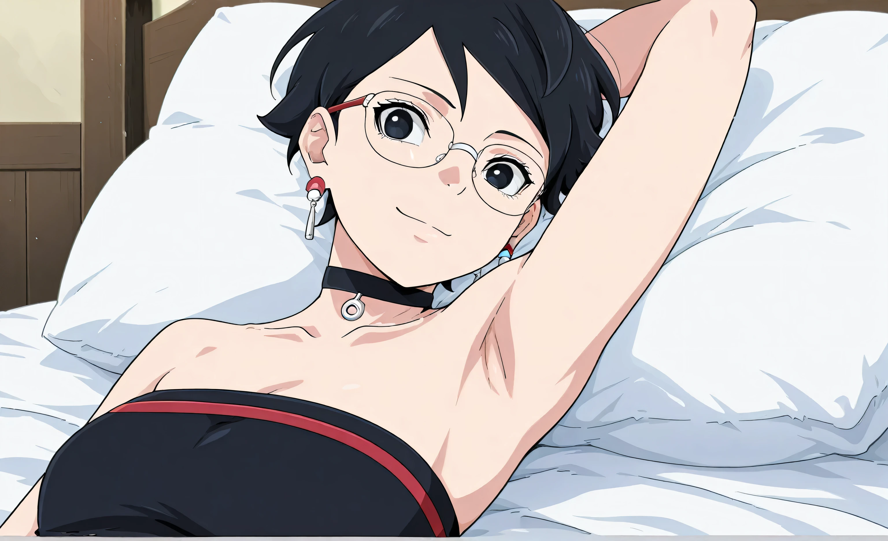 (masterpiece, High resolution, Highest quality, Anime Color), (Perfectly detailed anatomy, Beautiful attention to detail&hair), (Shizuku Murasaki), (One girl), black hair, short hair, Glasses, inverted cross chain necklace, (slim body: 1.3), (large breastst), (White lace bra: 1.3),( Lingerie with a small area), ( White lace Panties: 1.3), (Realistic White lace bra pantie),( lying on back), cowboy shot, indoor, bed