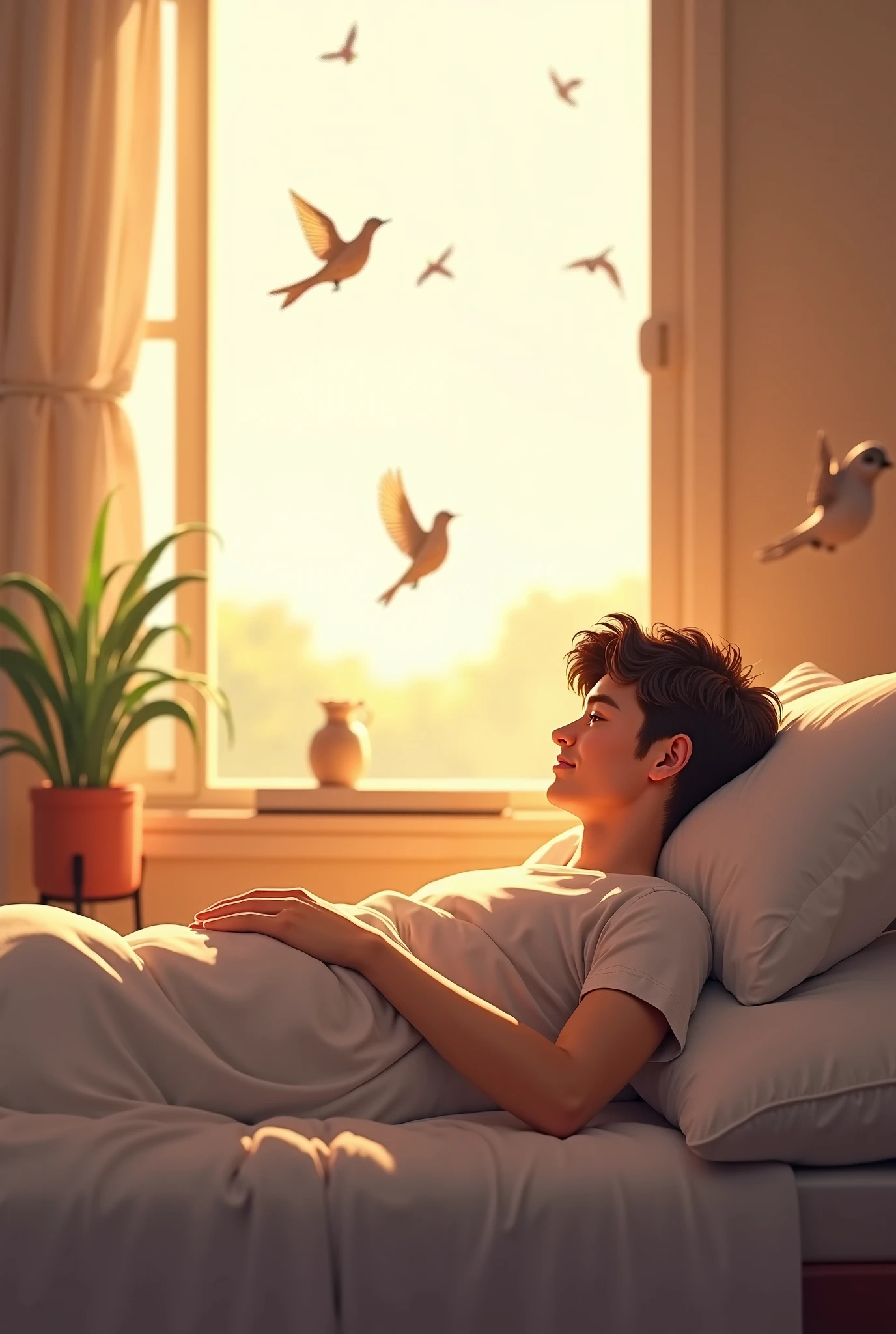 a young girl on a hospital bed and an open window with a bird 