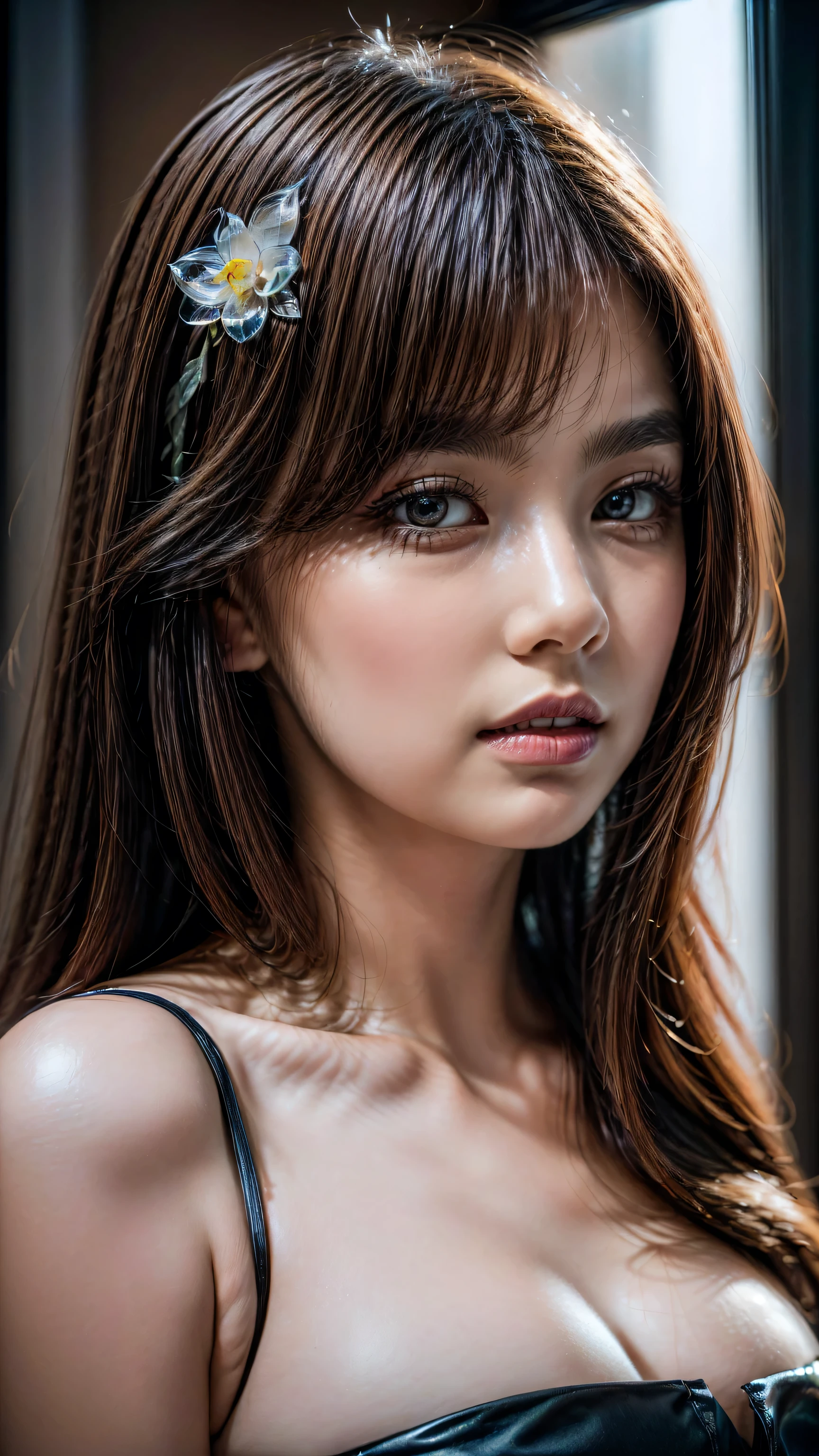 Realistic (photorealistic Realism), (high resolution), ((intricately detailed digital art)), professional photography, ((portrait)) a cute 1 Female, European, (ultra realistic texture details: velvety skin, hair),((forus on sharp no blurry eyes, high resolution, absurd quality, Realistic eyes:1.3),intricately detail:1.3),((extremely fine details eyes))((extra narrow eyebrows))(Carefully draw Long eyelashes:1.25)(perfect round eyes:1.25).((finely detailed pupils:1.3))((extremely fine details pupils:1.3))((extremely fine details iris of the eyes:1.35))(Shining, mesmerizing, Vibrant eyes:1.22).(professional makeup)((perfect dark_eyeshadows:1.3)),detailed lips:1.3,(apply glossy red_lipstick:1.3)(pink_makeup:1.23), (beautiful little nose), (perfect proportions:1.2),(small head),(anatomically correct), ((transparent glass dress:1.3))、 and fantasy magic, (dynamic random fancy, professional hairstyles), perfect female body, Glamour, paparazzi taking pictures of her, posing standing, ( in a luxurious, lavish castle, standing on a black and white marble spiral staircase:1.2), ((glowing glass dress:1.3))、((she attracting lightnings, light effect, feminine, electricity aura)), ((cowboy shot))