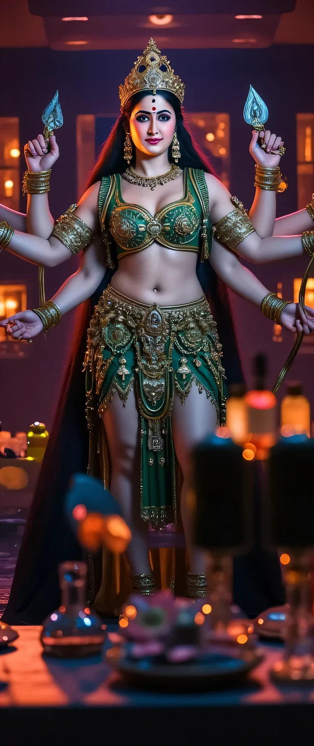 a beautiful powerful goddess durga,four arms,each arm holding a different things,holding a trishul,bar setting,wine bottles background,hyper detailed,cinematic lighting,intricate details,photorealistic,8k,masterpiece,(best quality,4k,8k,highres,masterpiece:1.2),ultra-detailed,(realistic,photorealistic,photo-realistic:1.37),incredible detail,dramatic lighting,highly detailed face,beautiful detailed eyes,beautiful detailed lips,extremely detailed eyes and face,longeyelashes,dramatic pose,intricate jewelry,ornate trishul,glass bottles,reflective surfaces,atmospheric lighting