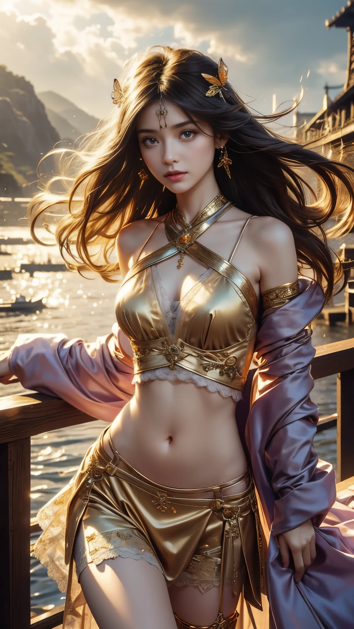 A captivating photograph of a beautiful and sensual Viking woman, dressed in intricately designed armor, set in a dramatic landscape with fjords in the background, soft golden lighting, cinematic atmosphere, alluring gaze, hyper-realistic details, art inspired by classical erotic art films, 4k resolution, masterpiece