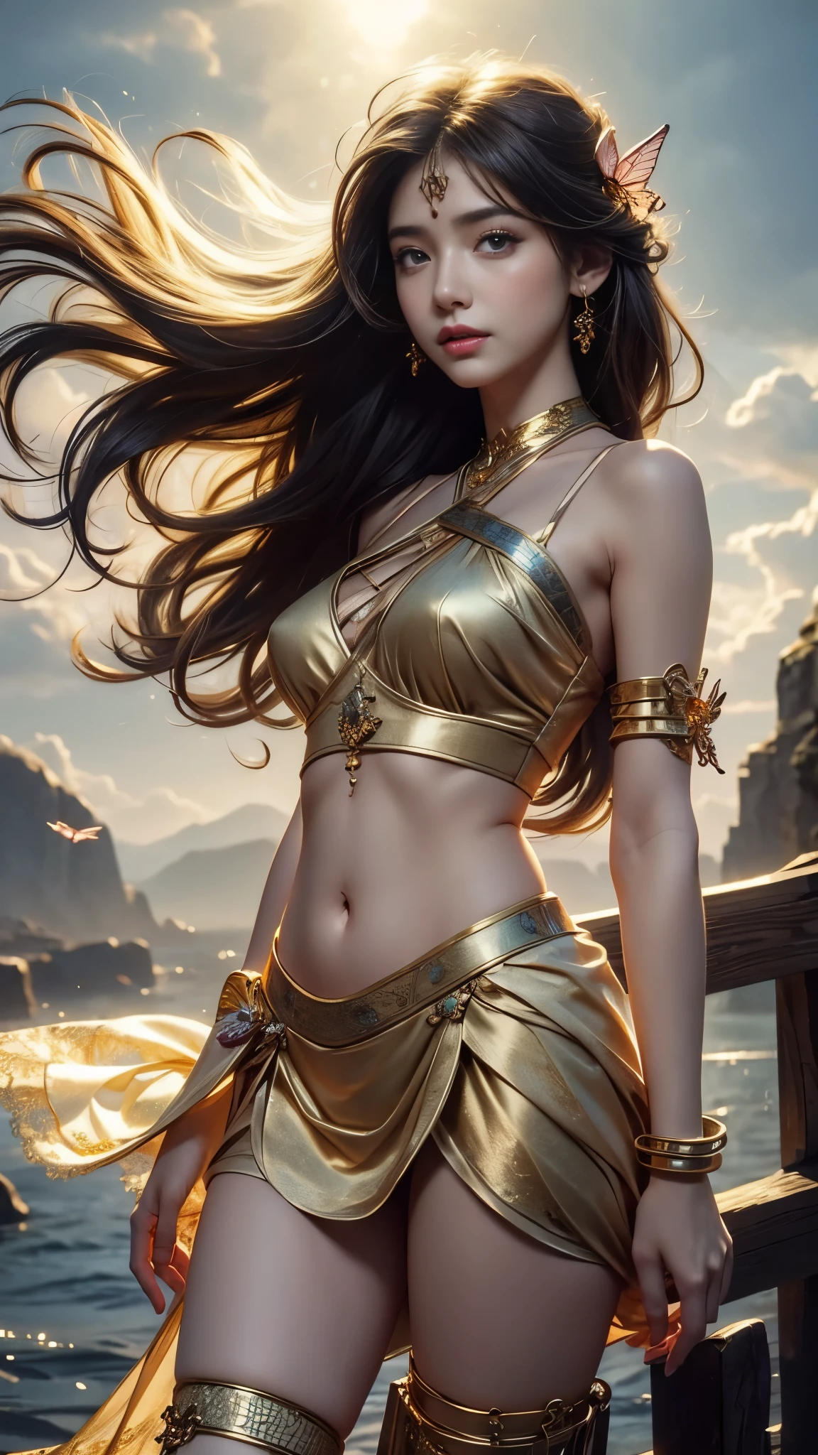 stunningly beautiful (aeolian:1.5) wlop perfect full HDR body black hair and dress princess exposed midriff