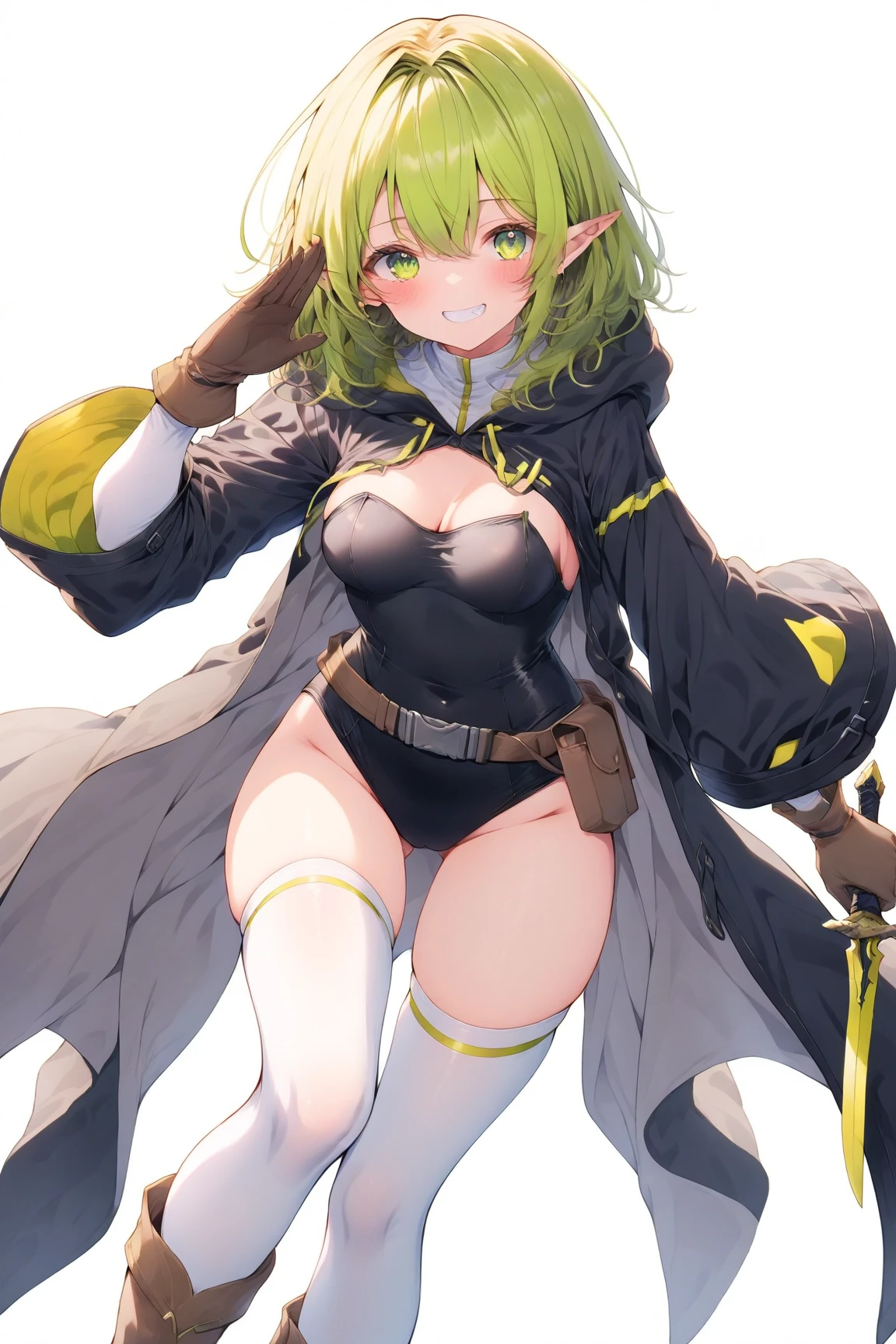 score_9, score_8_up, source_アニメ,Big Breasts,kiwi-default,purple eyes,empty eyes,grey hair,,stockings,High leg,latex,tie,garter belt,Reverse Bunny Suit,leotard,High heels,Heavy breathing,gloves,Wet and see-through,Areola,Pussy juice,Plump