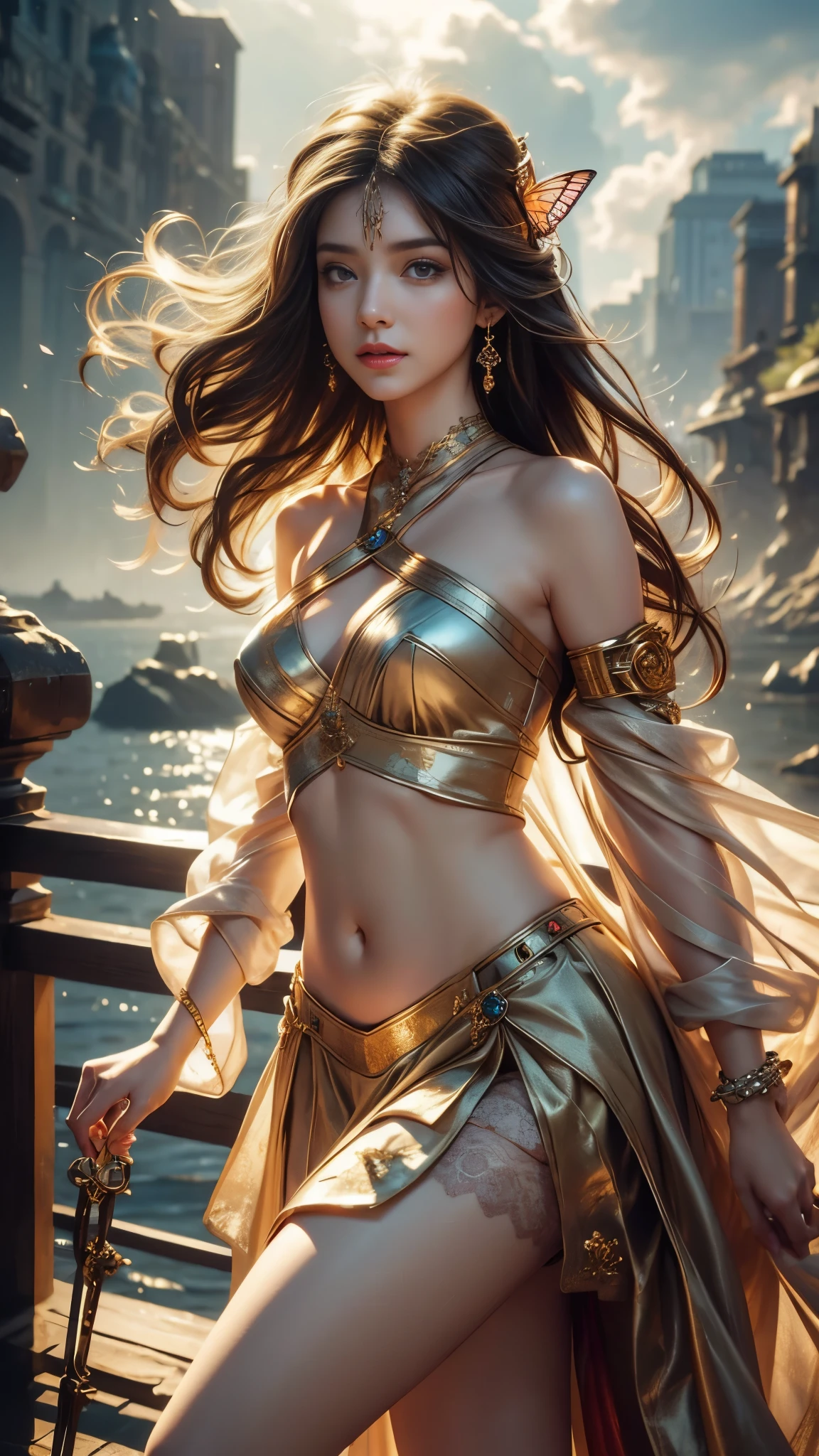 a goddess with very long golden hair, was floating against the background of a heavenly atmosphere, with rays of light. her slender body with big  and long legs, smooth white skin, a scarf coiled and floating around her wrist, her hair decorated with oriental ornaments typical of ancient China, her body wrapped in thin ancient Chinese clothing that clearly shows the curves of her body,  naked braless see the Nipples,  nipples out from the clothes