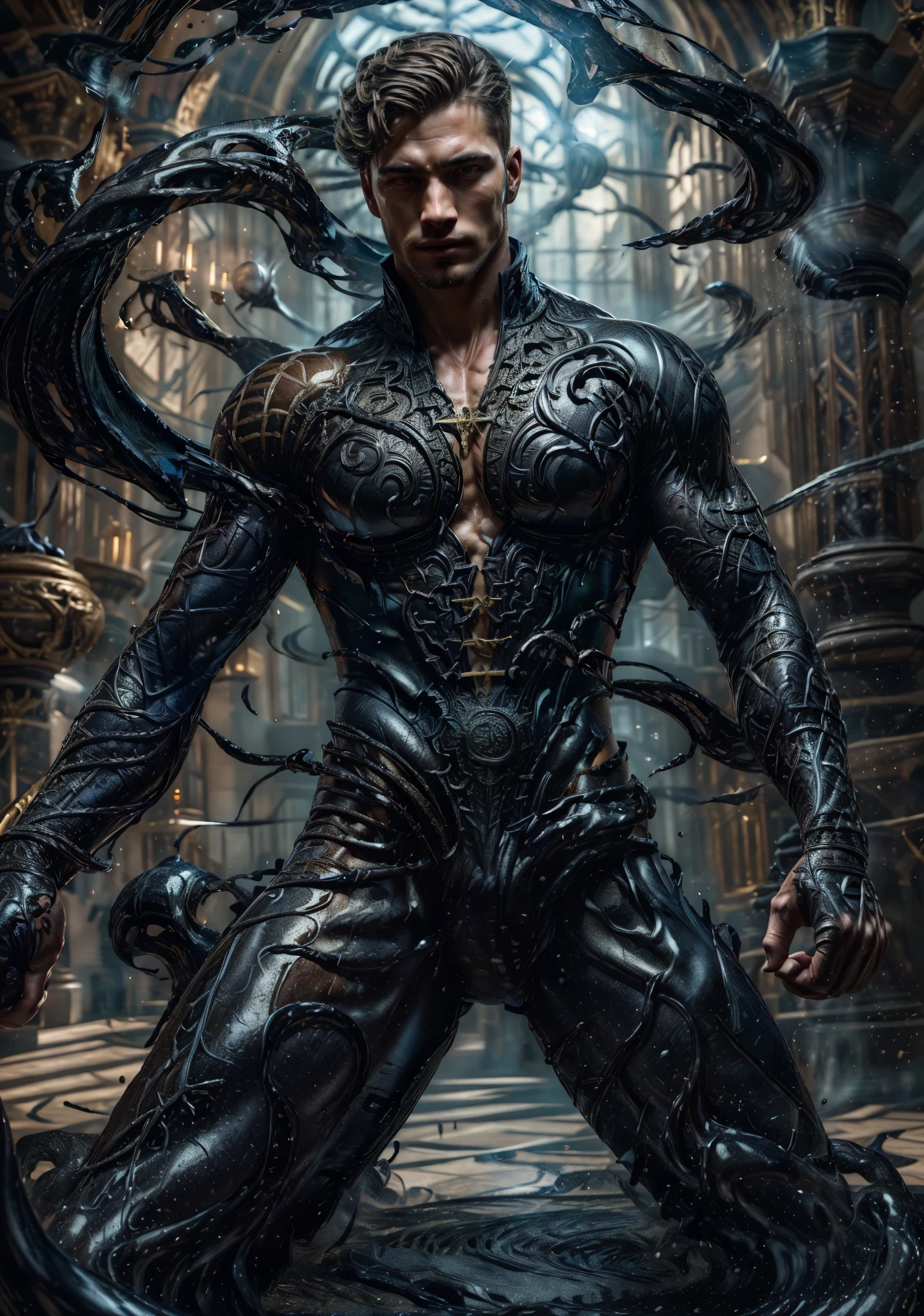 ((Masterpiece, High Quality)), Best Quality, highly detailed , ultrarealistic , cinematic ,realistic , photorealistic realistic eyes, intricate details, detailed background, depth of field, dynamic pose, dynamic angle ,male focus ,muscled man (1.0) ,handsome (detailed face) ,Young Arafed muscular chiseled very handsome man , (( shad0wmancer, photo of a man, ink everywhere, swirling black liquid, medieval fantasy, indoors, cowboy shot, dynamic pose, fighting stance, detail face, tool enhancer ,slider 1.0)), realistic, masterpiece, intricate details, detailed background, depth of field, photo of a man ,looking like courage , ((light bokeh)) , highlighting the strong muscle lines , symbol of strength. Perspective and perspective: shooting from a low angle , highlighting the height and majesty of men. Or use a side perspective to show the posture and tattoo of a men.