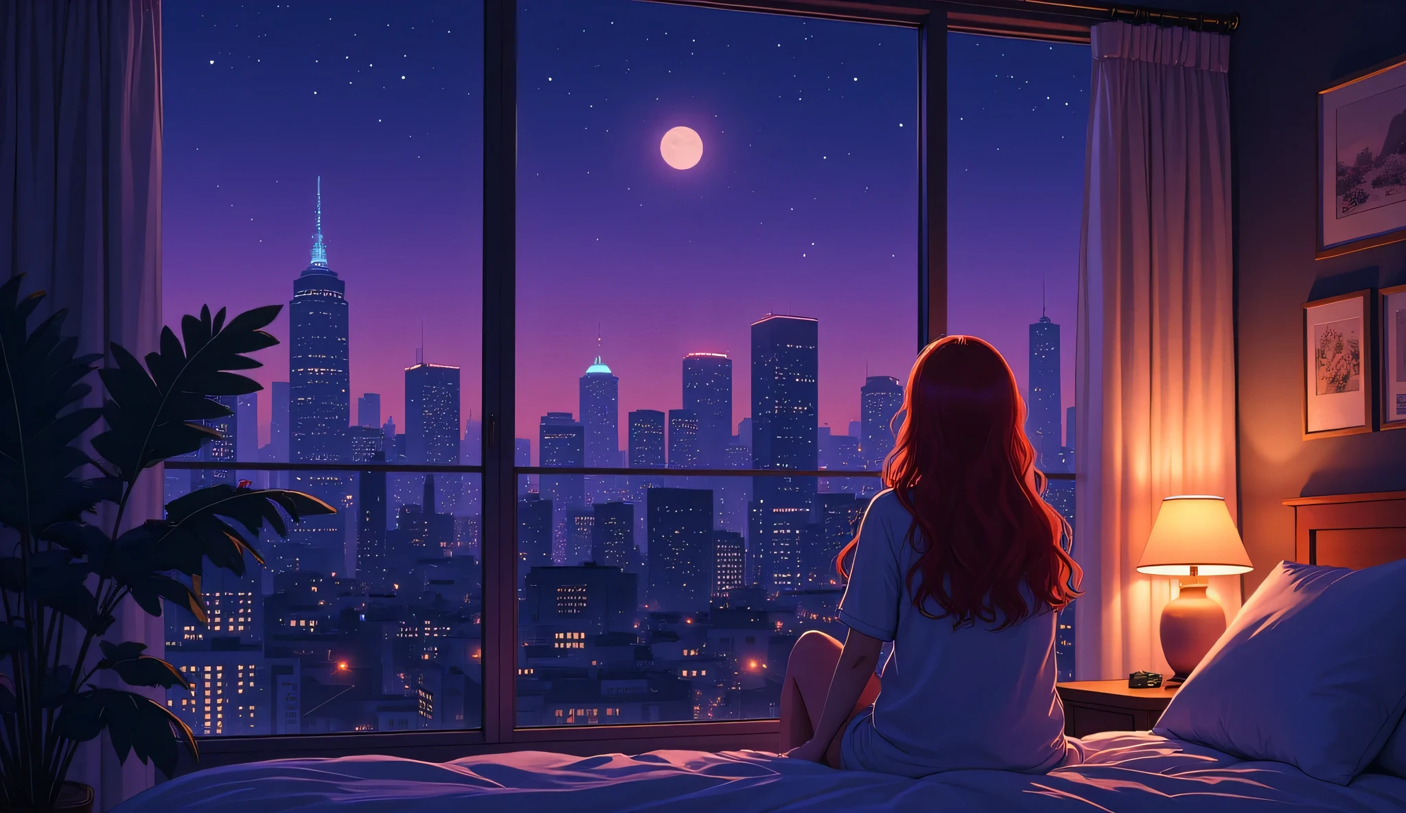 A cozy night scene, a girl with long red hair sits at a large window in a modern apartment looking at the city lights. Soft moonlight illuminates her silhouette, lo-fi aesthetic, warm diffused light from a table lamp, city skyline with twinkling lights in the background. Soft color palette with purple and blue tones, anime style, high quality illustration, peaceful atmosphere.