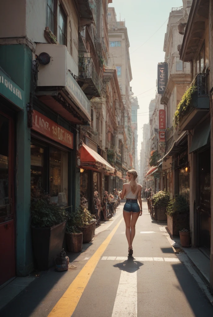 naked woman in the middle of the street, sitting in a wicker chair and watching people go by