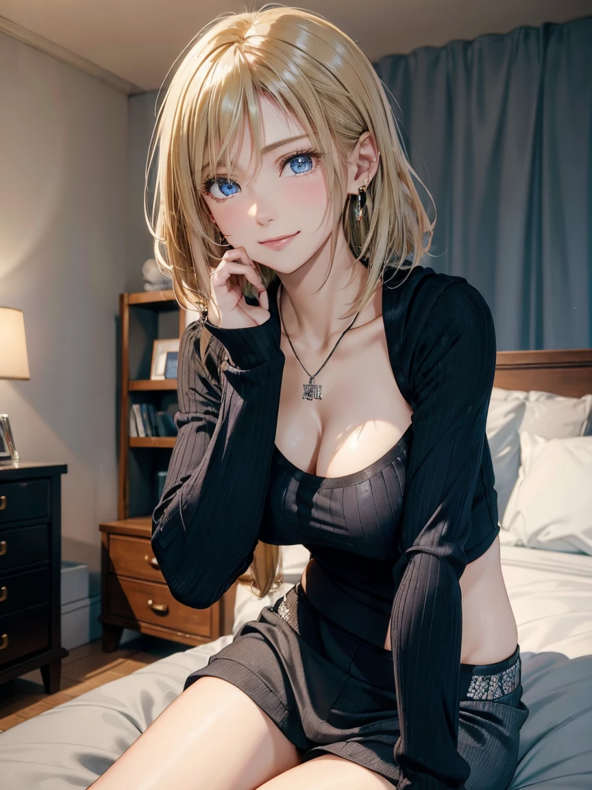 Amazing portrait of a sexy and cute woman with a beautiful face and an intense gaze smiling at us and blushing with her short blonde hair in a bob wearing some elegant earrings and a white full sleeve crop top showcasing her cleavage and a denim miniskirt lying on the bed with her head resting on a pillow facing us having medium chest with cleavage and a perfect body