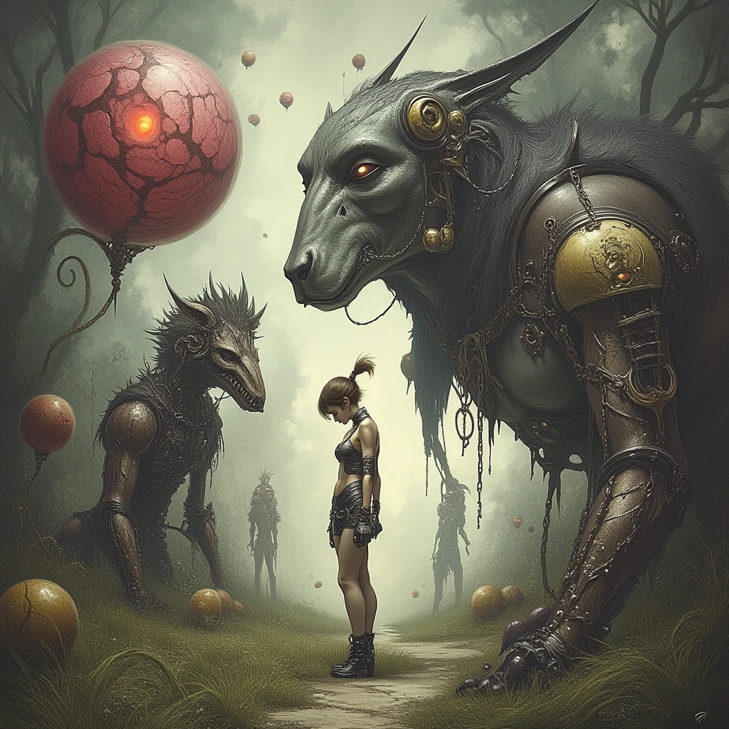 Create a dark and twisted horror illustration that captures a nightmarish scene inspired by 'The Wizard of Oz.' In the foreground, depict a grotesque version of Dorothy, her appearance altered to be more monstrous and tragic. She should be bound and restrained, her face hidden by a mask, with a distressed posture as she is pulled forward by chains. Dorothy's attire is tattered and worn, a mix of Victorian-style clothing with a dark, gothic twist, complete with a corset and flowing, torn skirt. She wears heavy, metallic platform boots that add to her burdened stance. Her captors are two malformed, humanoid creatures, one riding on the back of the other. The rider is small, with exaggerated features like sharp teeth, bulging eyes, and a maniacal expression. The mount is a larger, more bestial figure, crawling on all fours, with a rough, lumpy texture to its skin and twisted limbs. The background is a foggy, desolate landscape, with ominous shadows and eerie, dim lighting that enhances the horror atmosphere. The entire scene should feel otherworldly and unsettling, with a focus on the macabre and grotesque elements.