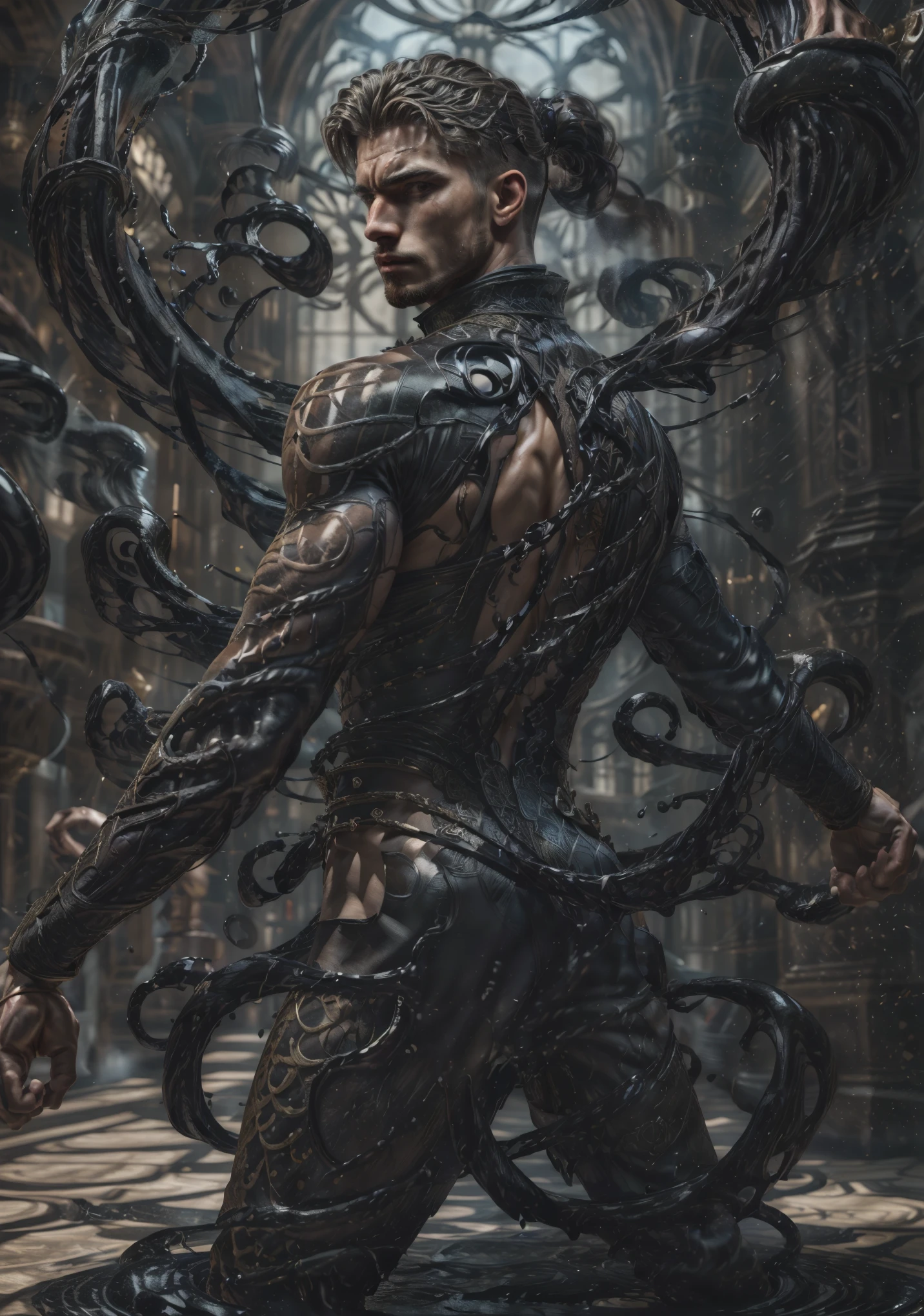 ((Masterpiece, High Quality)), Best Quality, highly detailed , ultrarealistic , cinematic ,realistic , photorealistic realistic eyes, intricate details, detailed background, depth of field, dynamic pose, dynamic angle ,male focus ,muscled man (1.0) ,handsome (detailed face) ,Young Arafed muscular chiseled very handsome man , (( shad0wmancer, photo of a man, ink everywhere, (( swirling black liquid 3D)) ,coat, pants ,medieval fantasy, indoors, cowboy shot, (closeup shoot, upper body 1.0) (from back, looking at us 1.0), fighting stance, detail face, tool enhancer ,slider 1.0)), realistic, masterpiece, intricate details, detailed background, depth of field, photo of a man ,looking like courage , ((light bokeh)) , highlighting the strong muscle lines , symbol of strength. Perspective and perspective: shooting from a low angle , highlighting the height and majesty of men. Or use a side perspective to show the posture and tattoo of a men.