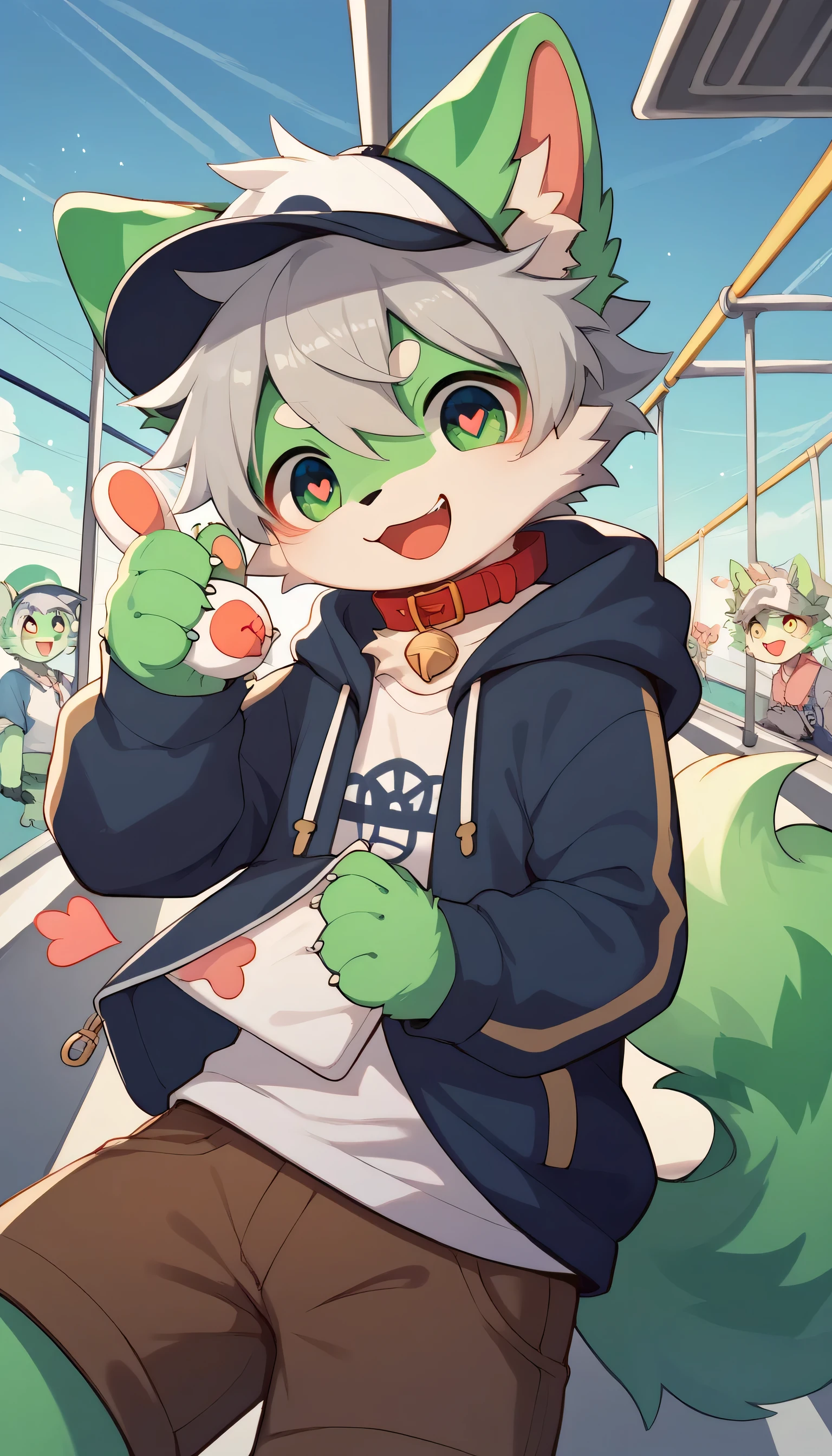  very detailedな, very detailed, green fur gray hair,,male,骨を見てExcited, heart eyes,participate, red collar, green white and colored hat, cute face, fluffy fur like one,Excited,Horny boy,Train Ride , in the train,Smiling face,Dropped ears, let's play with toys!  my mental age is  ,Want, Brown Shorts Sweatshirt, Long Sleeve,Trendy,