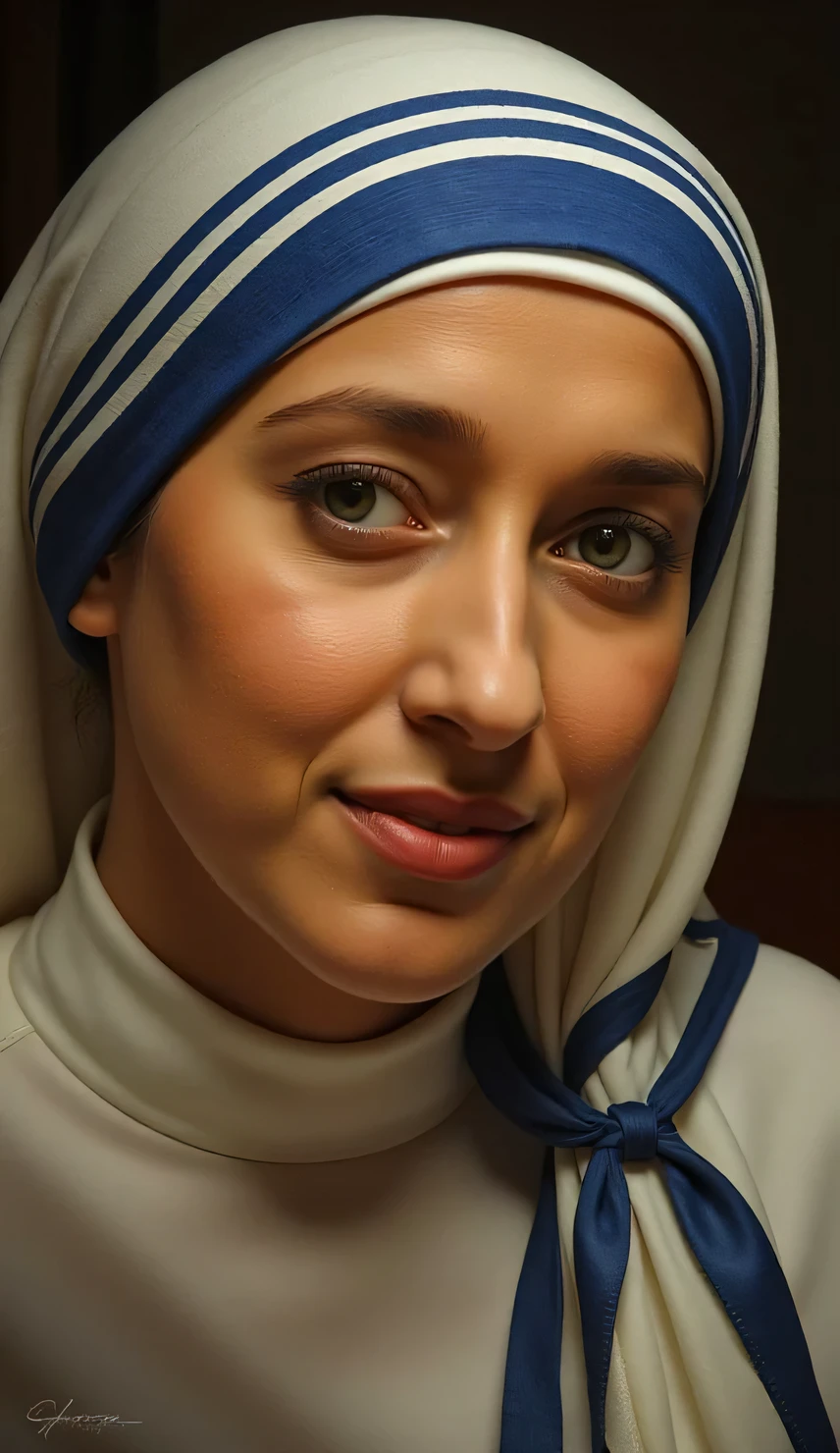 a naked woman with the face and expression of mother teresa, beautiful detailed eyes, beautiful detailed lips, extremely detailed face, long eyelashes, serene expression, religious themed, dramatic lighting, chiaroscuro, oil painting, intricate details, masterpiece, photorealistic, 8k, high quality,full view