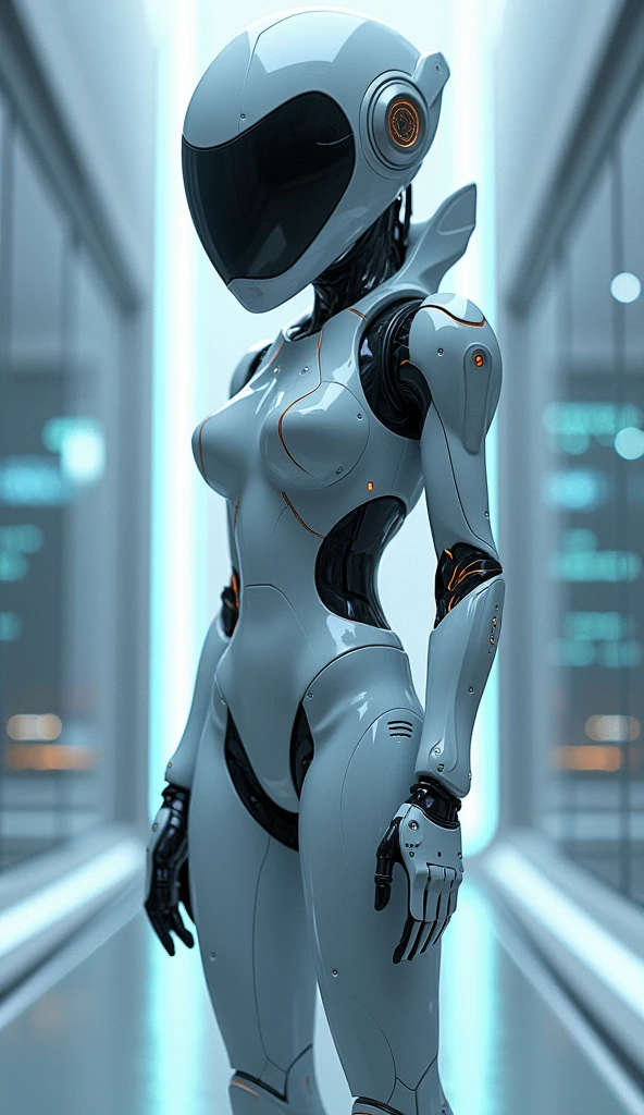 theatrical, Ultra-realistic translucent eyeless robot, without nose, with no mouth, and smooth, futuristic design, Has a feminine body, middling, made of metal, full bodyesbian, Smooth and futuristic, No eyes, without nose, with no mouth, sleek and beautiful, sci-fy, future design, dramatic lights, north african free trade area, Ray traching