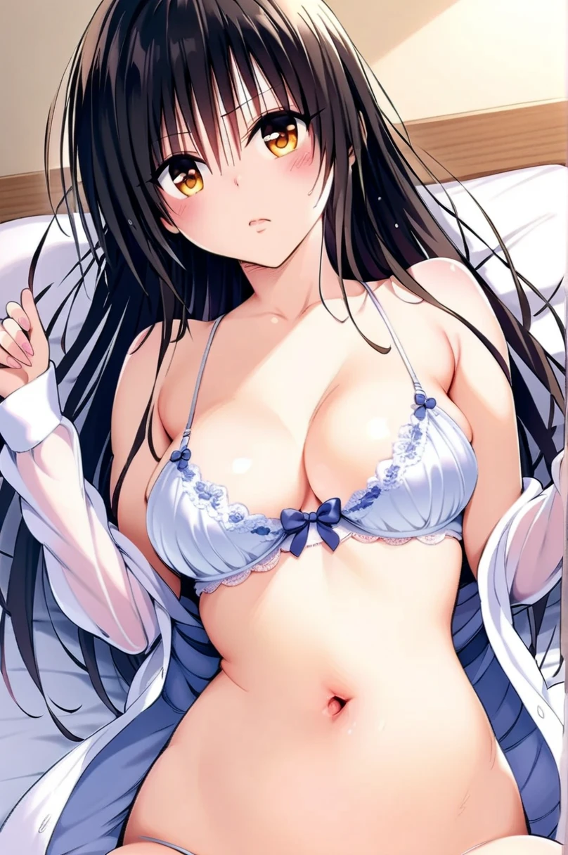 masterpiece, highest quality, Detailed face, Beautiful and detailed eyes, Beautiful Face, Perfect body, Official Art, grand plix award illustration, official art,Professional Lighting,

One girl, kotegawa yui, to love-ru,perfect body,black Hair, long Hair, brown eyes,pubic hair

white collared shirt over naked,extra large shirt,sleeve past hands,lying on the bed,open arms,reaching out,

Style of Yabuki Kentaro, To Love-Ru art style,

libido expression, seductive smile