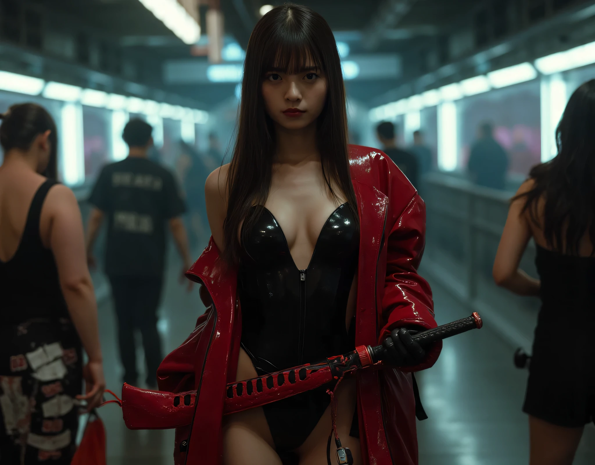 highest quality、Surreal、Perfect Anatomy、Crowded downtown area、Surrounded by spectators、Crowd、Wet and shiny white skin、Sweat dripping all over the body、Slender model figure、Ahegao、blush、micro bikini、Red woman and blue woman、Rainbow Hair、Braid、soaked、Super small face、Collars and Leads、Natural lighting、Photo session、Japanese sword、Cleavage、