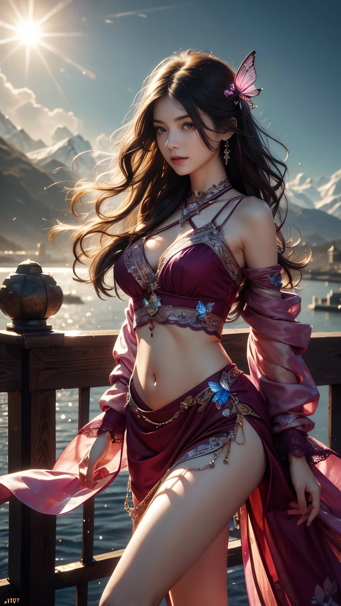 (8K, OriginalPhotographs, Best quality, The Masterpiece:1.2), (Realistic, photo-realistic:1.4), (Extremely detailed CG unity 8k wallpaper), (1 girl:1.5),Beauty of the Western Regions,(Perfect facial features)Exquisite clothing(Red clothes:1.4),,Pale skin,Blushlush,large eyes,full - body,large legs,Open navel,Gold-tone waist chain,Gold ornaments,Flying ribbons,Particle,The background is the ancient city of Loulan, Ancient city walls,A desert,Dance,The style of the Western Regions