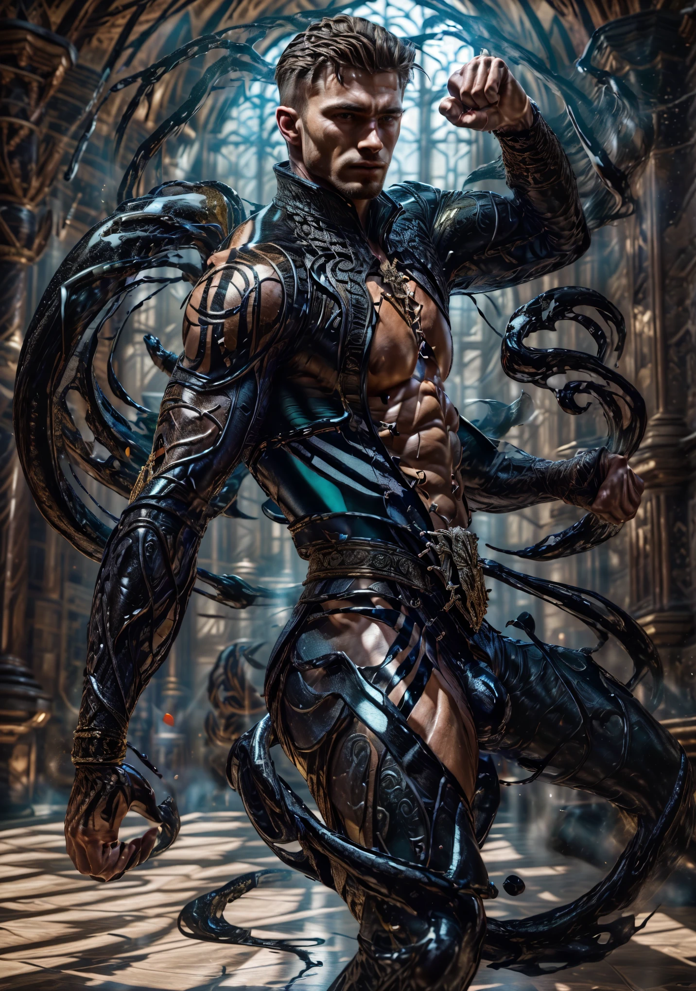 ((Masterpiece, High Quality)), Best Quality, highly detailed , ultrarealistic , cinematic ,realistic , photorealistic realistic eyes, intricate details, detailed background, depth of field, dynamic pose, dynamic angle ,male focus ,muscled man (1.0) ,handsome (detailed face) ,Young Arafed muscular chiseled very handsome man , (( shad0wmancer, photo of a man, ink everywhere, ((swirling black liquid 3D )),coat, pants ,medieval fantasy, indoors, cowboy shot, dynamic pose (from side 1.0), fighting stance, detail face, tool enhancer ,slider 1.0)), realistic, masterpiece, intricate details, detailed background, depth of field, photo of a man ,looking like courage , ((light bokeh)) , highlighting the strong muscle lines , symbol of strength. Perspective and perspective: shooting from a low angle , highlighting the height and majesty of men. Or use a side perspective to show the posture and tattoo of a men.