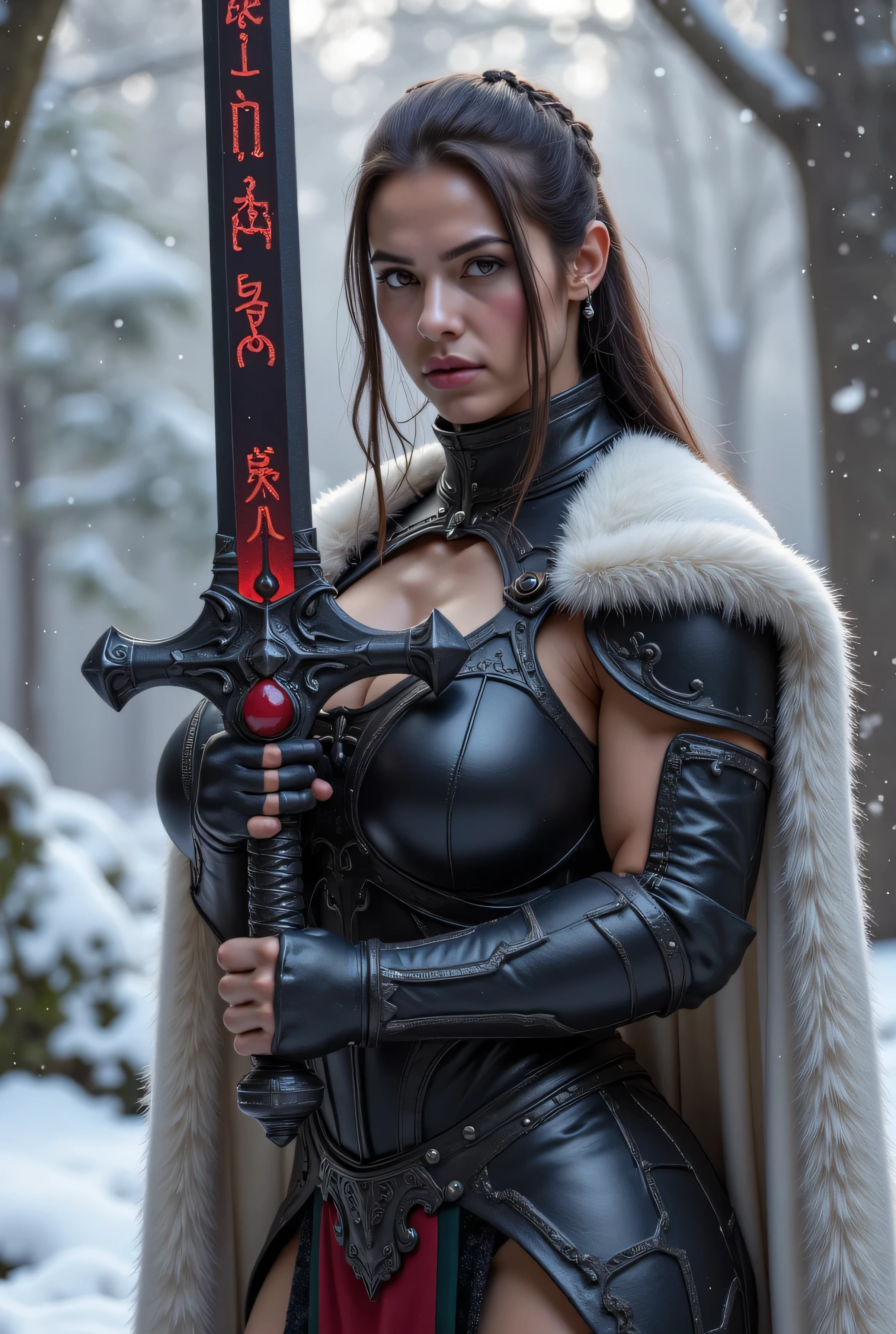 ((best quality, masterpiece, score_9, score_8_up, realistic photograph, life-like realism, fluxbodybuilder, Real-Faceji, droplets)), (((((this is a photo of a massive sword, made of black steel with red runes etched into the blade, the runes are glowing with magical power, it's an ancient weapon, sharp, expensive, elegant, intricate))))) held by a beautiful 18year woman long brown hair with glossblack highlights, small braids, Barbarian black leather medieval armor, white fur trim, heavy bone ivory breastplate, heavy iron tiara set with glowing ruby gems, white fur silk cloak, powerful muscular athletic, she smirking, aloof, arrogant, background bokeh winter forest snowing, snow, cold